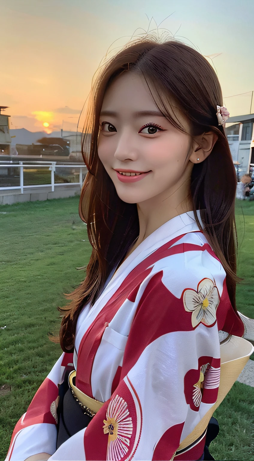 beautiful eyes, realistic eyes,look at camera,smile,(((top quality, 8k, masterpiece))), crisp focus, (beautiful woman with perfect figure), slender, (hairstyle: up)), ((kimono: Kara)), street: 1.2 Highly detailed face and skin texture Detailed eyes Double eyelids random posture, (smile),super cute Japan person,super beauty Japanese girl, realistic face, double eyelid,summer festival , at sunset , beautiful tooth , fire-works back ground.