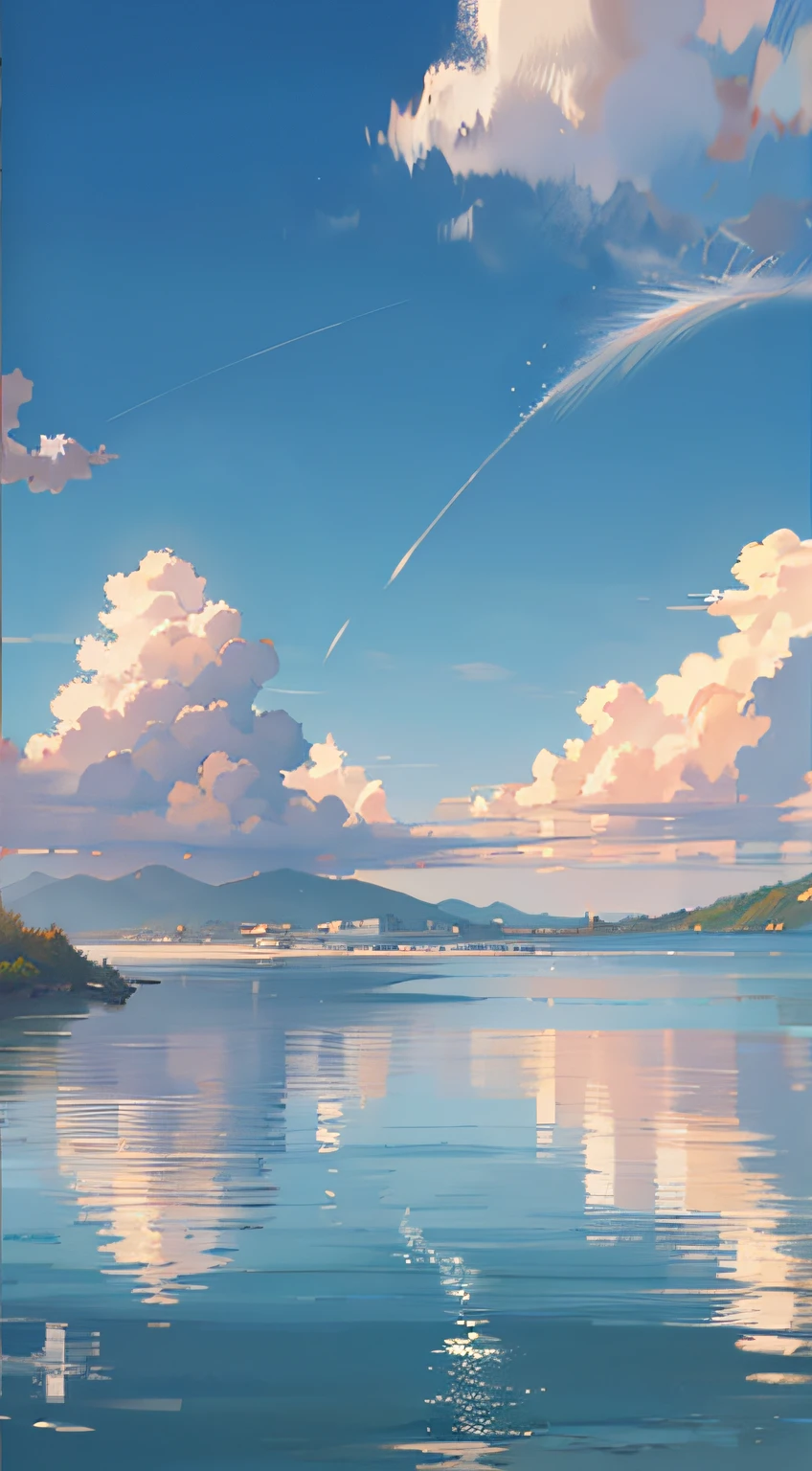 no humans, scenery, vanishing point, from below, masterpiece, best quality, 8k, absurdres, water surface, summer, noon, sunlight, blue sky, perspective, depth of field, highres, finely detail, ultra-detailed, sharp focus