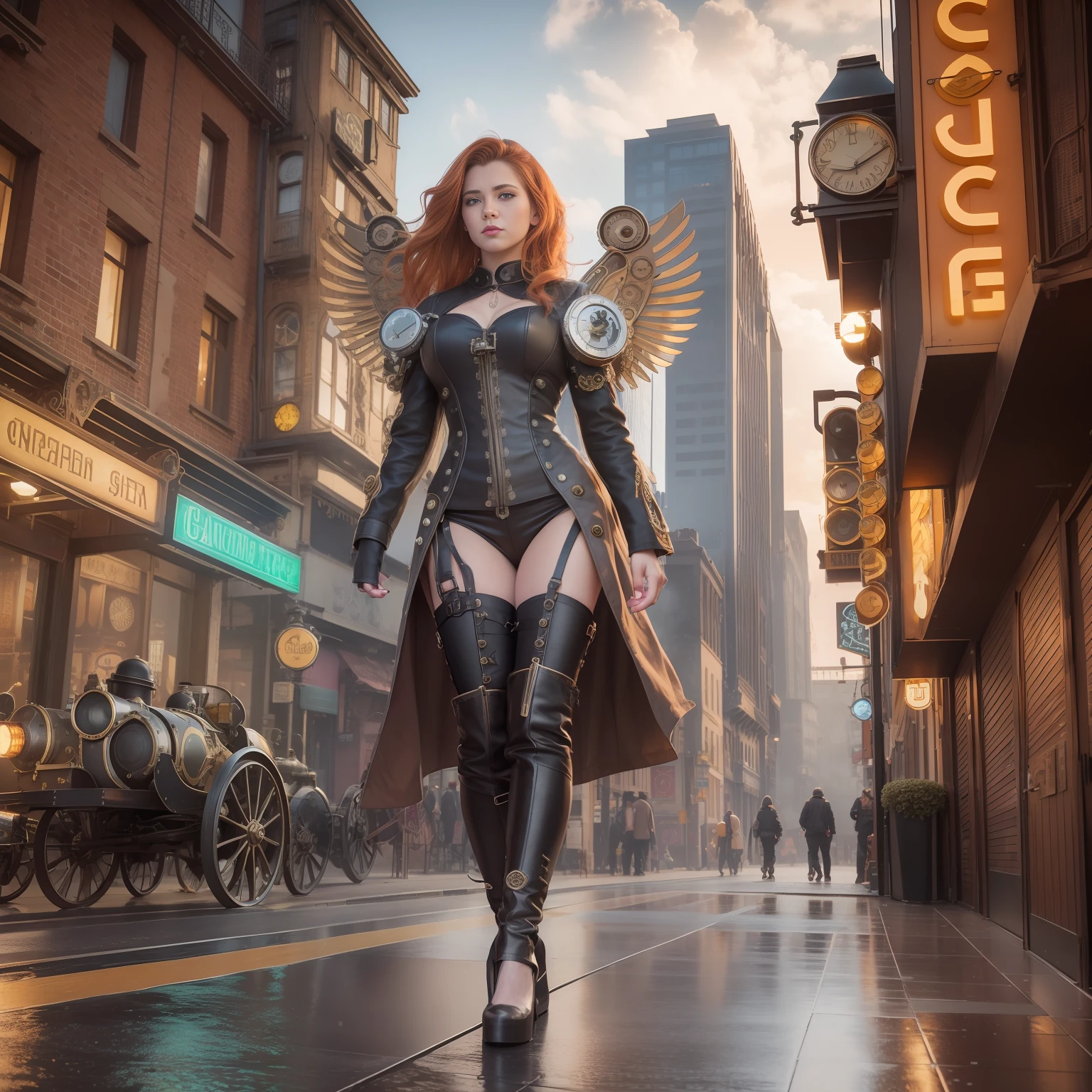 Street photography style image. A snapshot of a steampunk cityscape. Epic automobiles with steam engines on the street. Steam engine powered flying vehicles in the sky. A smiley beautiful 19-years-old caucasian girl in light gray steampunk costume walking down the street. very intricate steampunk accessary on the costume, perfect detailed face, detailed symmetric green eyes with circular iris, wavy ginger hair, wearing enormous mechanical wings in her back, overall theme is street photography in Industrial Steampunk City, cogs and gears, steamy background with lots of steam pipes and steam valves and pressure gauges and gears, realistic, stunning realistic photograph, 3d render, octane render, intricately detailed, cinematic, Isometric, Centered, hyperealistic cover photo, awesome full color, 12k, high definition, cinematic, portrait featured on unsplash, smooth, ultra high definition, 8k, ultra sharp focus, intricate artwork, masterpiece, ominous, epic, highly detailed, warm cinematic lighting, high contrast lighting, hyper photorealism, DSLR, Canon 5D, 8k resolution,