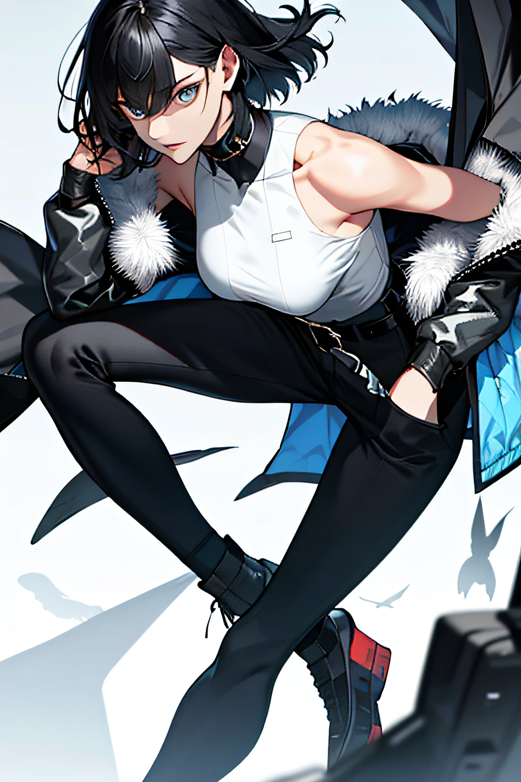 Magazine cover: 1.3), (original: 1.2), masterpiece, best quality, beautiful clean face, (full body: 1.1), 1 girl, bangs, bare shoulders, belt, black belt, black coat, trend, fashion, black pants, blur, bob cut, breasts, building, cityscape, clothing cutout, night sky from the side, bare shoulders, open clothes, open jacket, outdoor, pants, railing, science fiction, long hair short hair, shorts, sideburns, sky, epic shot, award winning photo, Face details, (fur collar: 1.0), (Ultra Clear face close-up: 1.5)