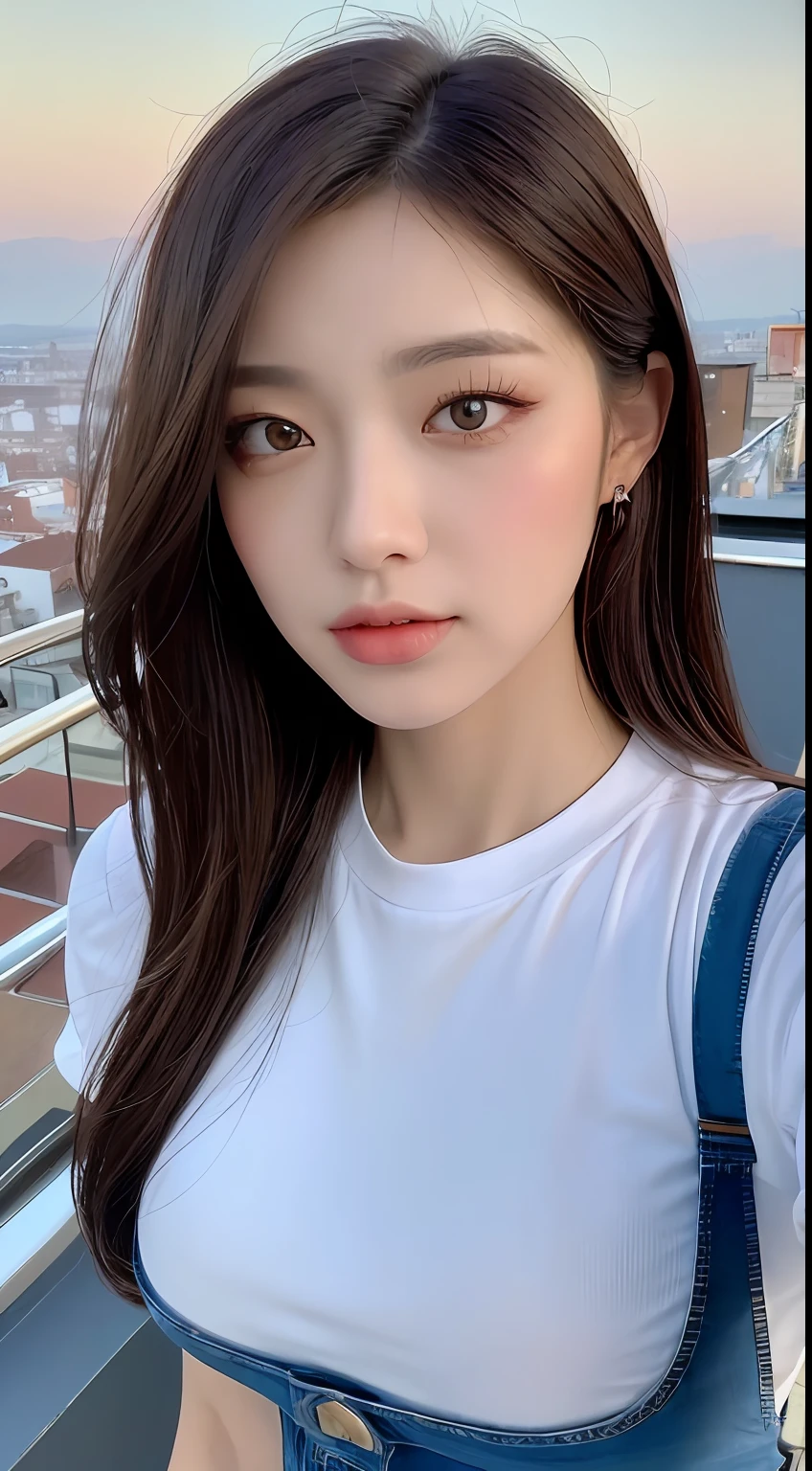 ((Midnight, Best quality, 8k, Masterpiece :1.3)), Whole body, Long legs, Sharp focus :1.2, A pretty woman with perfect figure :1.4, Slender abs :1.1, ((Dark brown hair, Big breasts :1.2)), (White tight tshirt, Jean bib, Standing:1.2), ((Night city view, Rooftop:1.3)), Highly detailed face and skin texture, Detailed eyes, Double eyelid