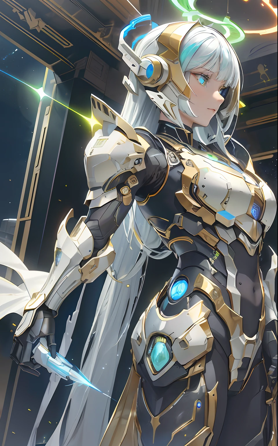 masterpiece, best quality, dramatic angle, ( holographic, rainbow, opal, bright colors, colorful), (halo, halo, glowing eyes, Gradient_Eyes, glowing aura, glowing energy, glowing digital marker, glowing web marker), (professional award winning cinematic masterpiece), best quality, symmetry, futuristic, sci-fi, aerodynamics,
Armor core, ammunition belt, laser, laser weapon, smooth and slender,
floating parts, city_lights, galaxy, giant, glow, night, night_sky, planet, sky, snow, snow, space, star_\(sky\), starry_sky, wing, fire, darkness, ((non-humanoid robot)), weapon, gun, cannon, military, mechanical parts, (cyberpunk: 1.3), (luminous particles: 1.5), high saturation, low brightness,
Crystal metal, neon panel,
Black metallic, red metallic, blue metallic metal accent.