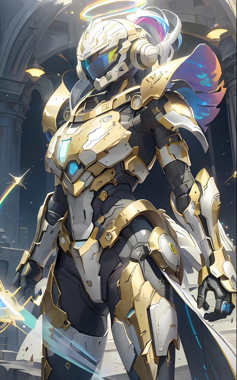 masterpiece, best quality, dramatic angle, ( holographic, rainbow, opal, bright colors, colorful), (halo, halo, glowing eyes, Gradient_Eyes, glowing aura, glowing energy, glowing digital marker, glowing web marker), (professional award winning cinematic masterpiece), best quality, symmetry, futuristic, sci-fi, aerodynamics,
Armor core, ammunition belt, laser, laser weapon, smooth and slender,
floating parts, city_lights, galaxy, giant, glow, night, night_sky, planet, sky, snow, snow, space, star_\(sky\), starry_sky, wing, fire, darkness, ((non-humanoid robot)), weapon, gun, cannon, military, mechanical parts, (cyberpunk: 1.3), (luminous particles: 1.5), high saturation, low brightness,
Crystal metal, neon panel,
Black metallic, red metallic, blue metallic metal accent.