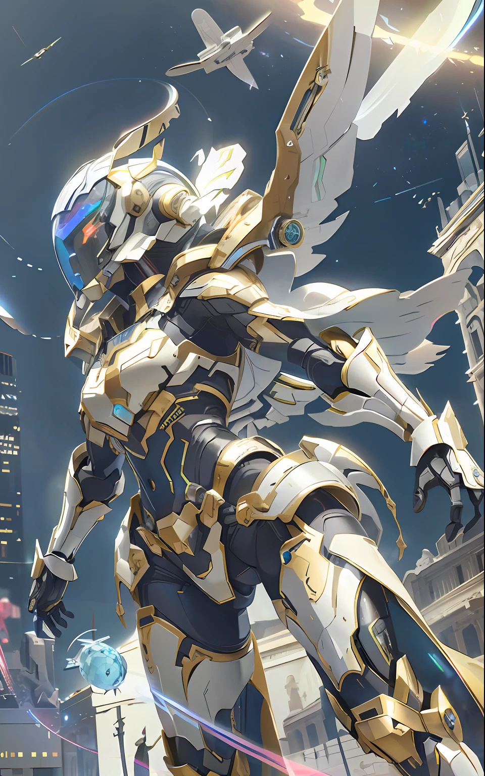 masterpiece, best quality, dramatic angle, ( holographic, rainbow, opal, bright colors, colorful), (halo, halo, glowing eyes, Gradient_Eyes, glowing aura, glowing energy, glowing digital marker, glowing web marker), (professional award winning cinematic masterpiece), best quality, symmetry, futuristic, sci-fi, aerodynamics,
Armor core, ammunition belt, laser, laser weapon, smooth and slender,
floating parts, city_lights, galaxy, giant, glow, night, night_sky, planet, sky, snow, snow, space, star_\(sky\), starry_sky, wing, fire, darkness, ((non-humanoid robot)), weapon, gun, cannon, military, mechanical parts, (cyberpunk: 1.3), (luminous particles: 1.5), high saturation, low brightness,
Crystal metal, neon panel,
Black metallic, red metallic, blue metallic metal accent.