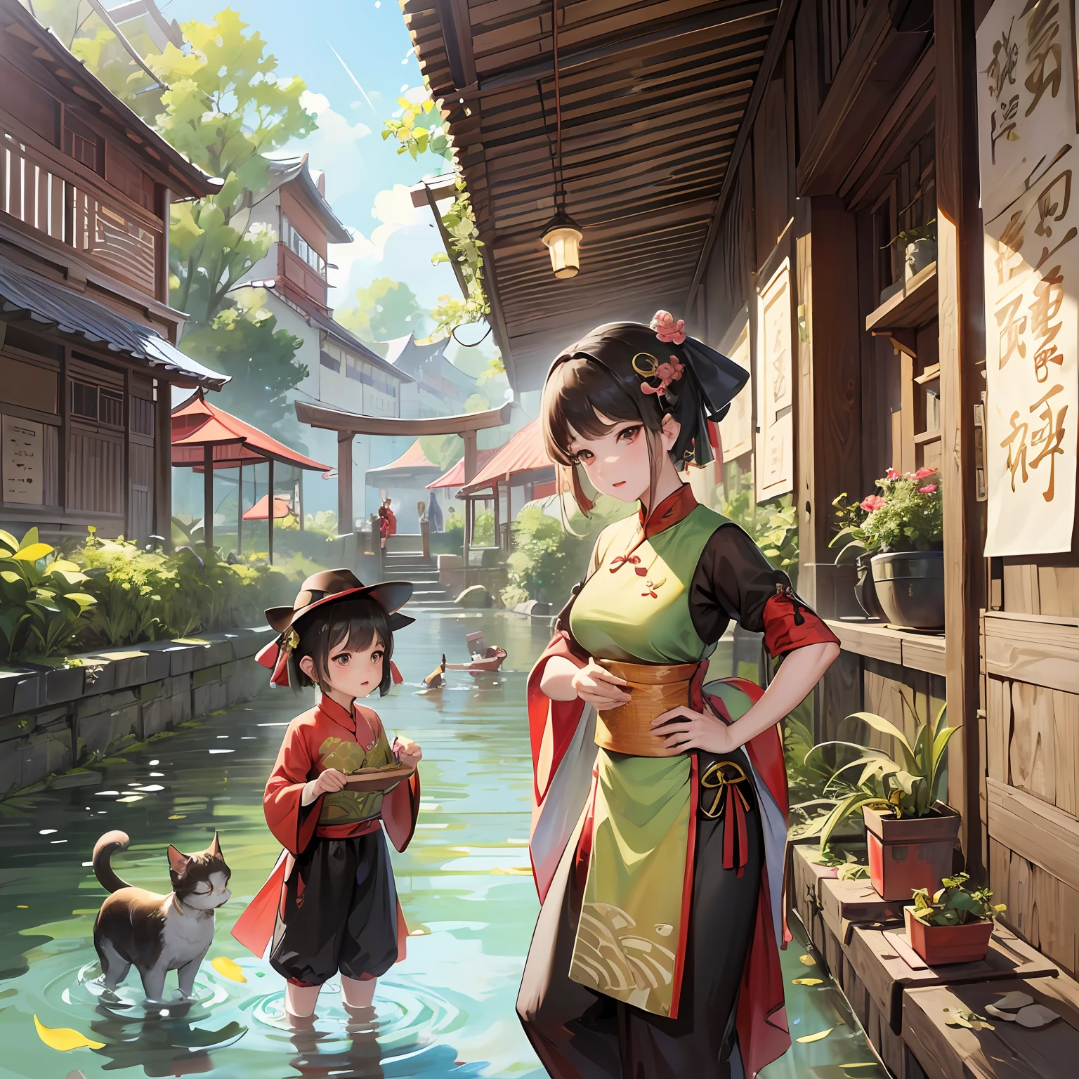 A masterpiece, exquisite. Dragon Boat Festival mother wrapped zongzi, mother sat in the yard, children were playing on the side, cute cats and dogs were stealing zongzi, --auto --s2