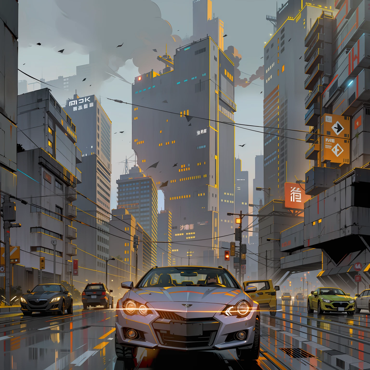 Behind the city background, cyberpunk style, night, strong contrast, no other debris around, car running at high speed on the highway, the environment is night, black sky, a car --auto --s2