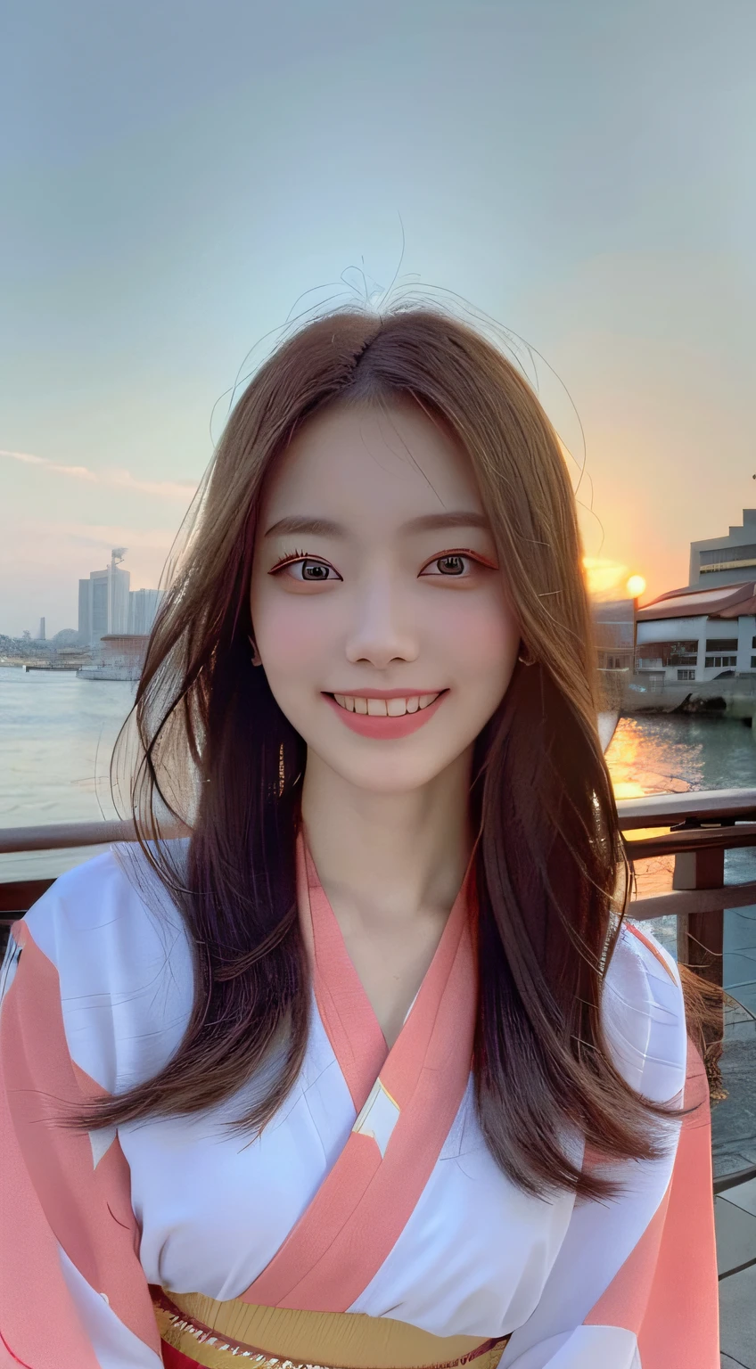 beautiful eyes, realistic eyes,look at camera,smile,(((top quality, 8k, masterpiece))), crisp focus, (beautiful woman with perfect figure), slender, (hairstyle: up)), ((kimono: Kara)), street: 1.2 Highly detailed face and skin texture Detailed eyes Double eyelids random posture, (smile),super cute Japan person,super beauty Japanese girl, realistic face, double eyelid,summer festival , at sunset , beautiful tooth , fire-works back ground.
