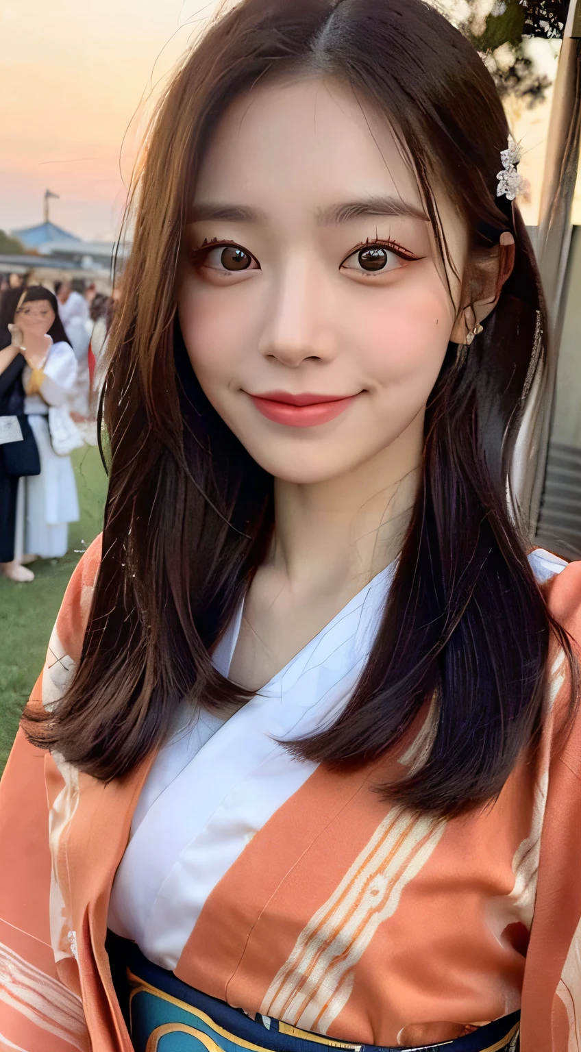 beautiful eyes, realistic eyes,look at camera,smile,(((top quality, 8k, masterpiece))), crisp focus, (beautiful woman with perfect figure), slender, (hairstyle: up)), ((kimono: Kara)), street: 1.2 Highly detailed face and skin texture Detailed eyes Double eyelids random posture, (smile),super cute Japan person,super beauty Japanese girl, realistic face, double eyelid,summer festival , at sunset , beautiful tooth , fire-works back ground.
