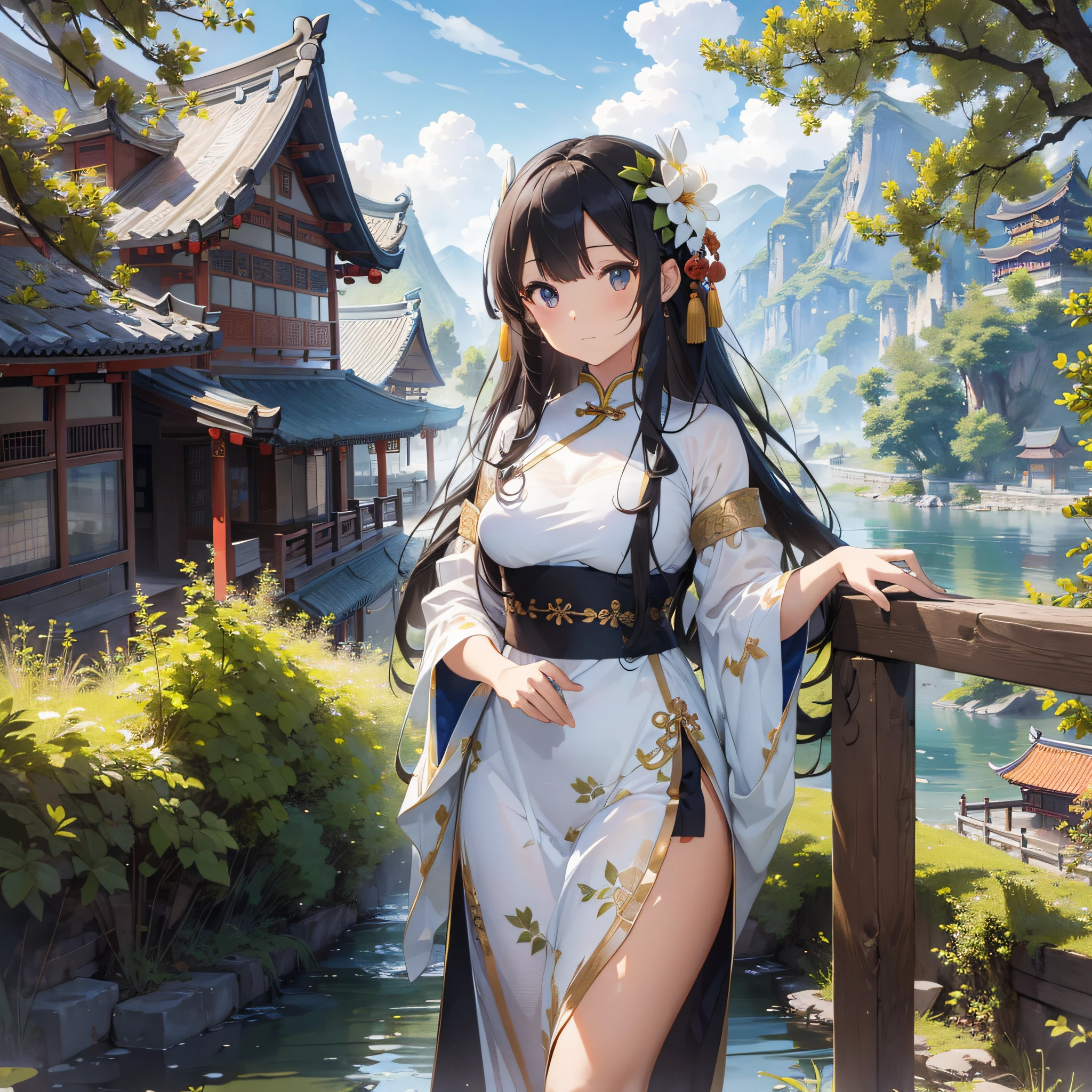 full body, hair ornaments, serene expression, exquisite facial features, perfect anatomy, Chinese buildings, mountains, white clouds, Nature, trees, clear blue transparent sky, outdoor, leaves, river, (forest), ((chinese style)), (best_quality:1.3), (((extremely clear))), (ultra_detailed:1.3), (detailed light), (masterpiece), (bloom), 8k
