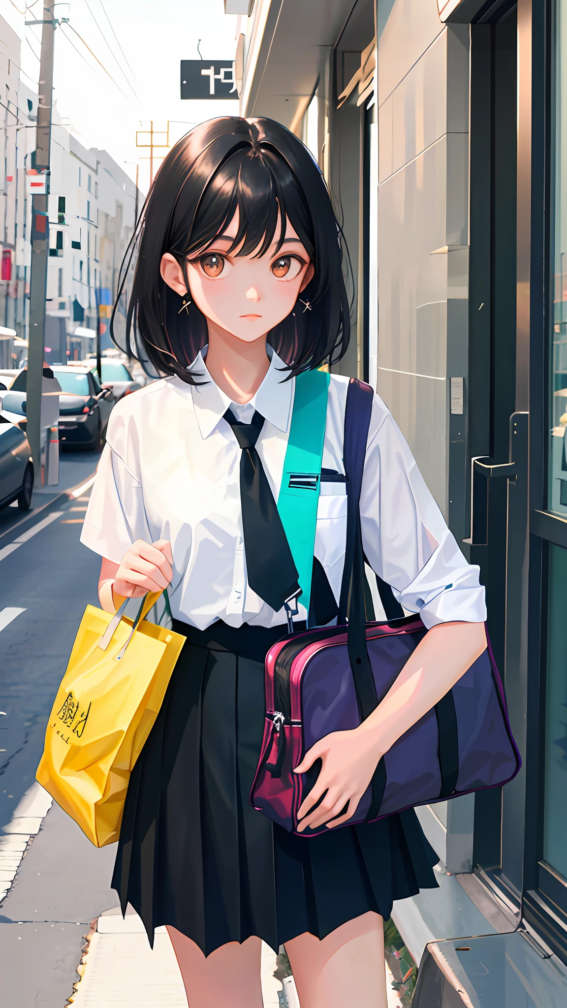 A girl, black hair, looking at the camera, wearing a school uniform, high quality, details