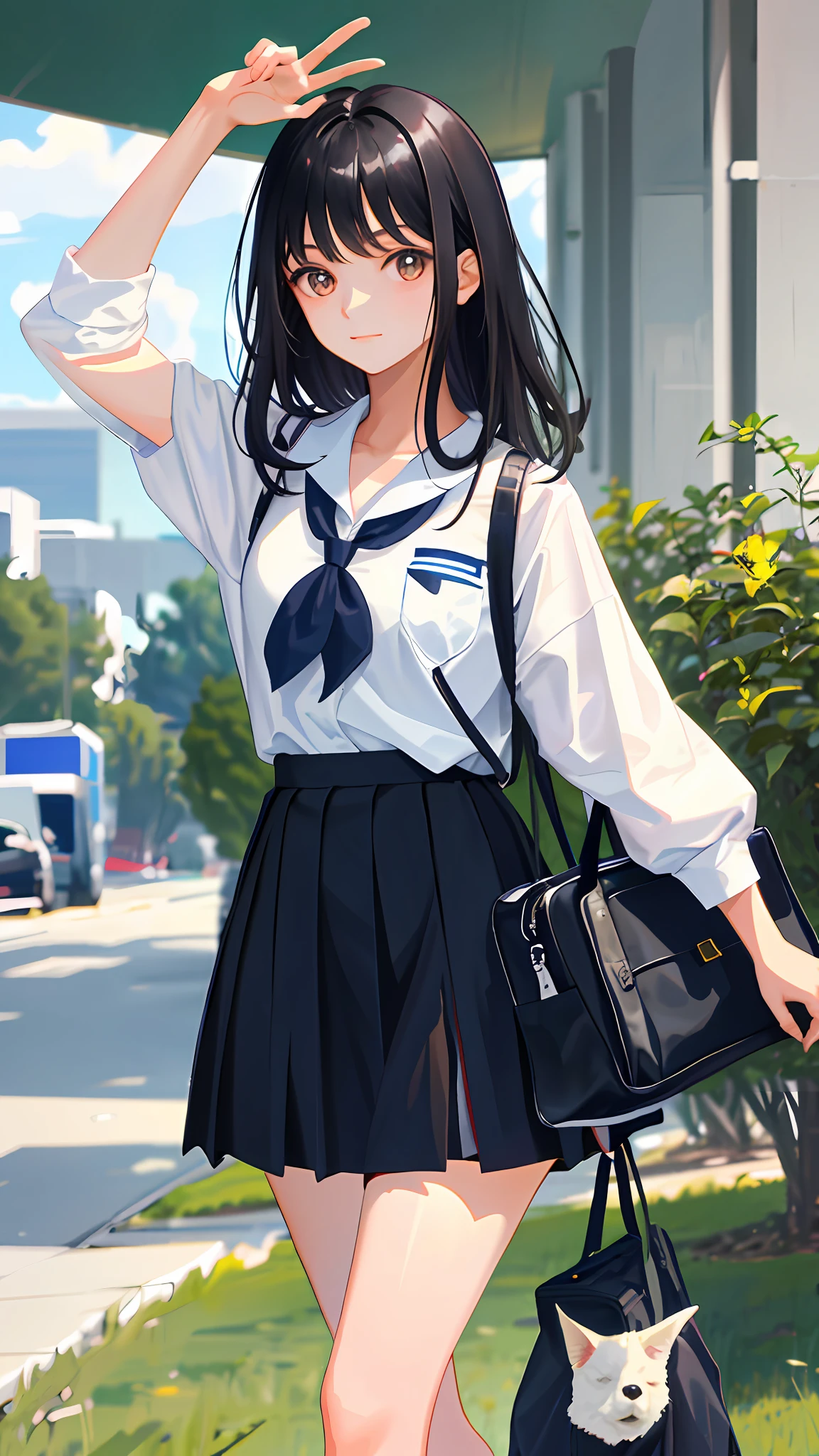 A girl, black hair, looking at the camera, wearing a school uniform, high quality, details