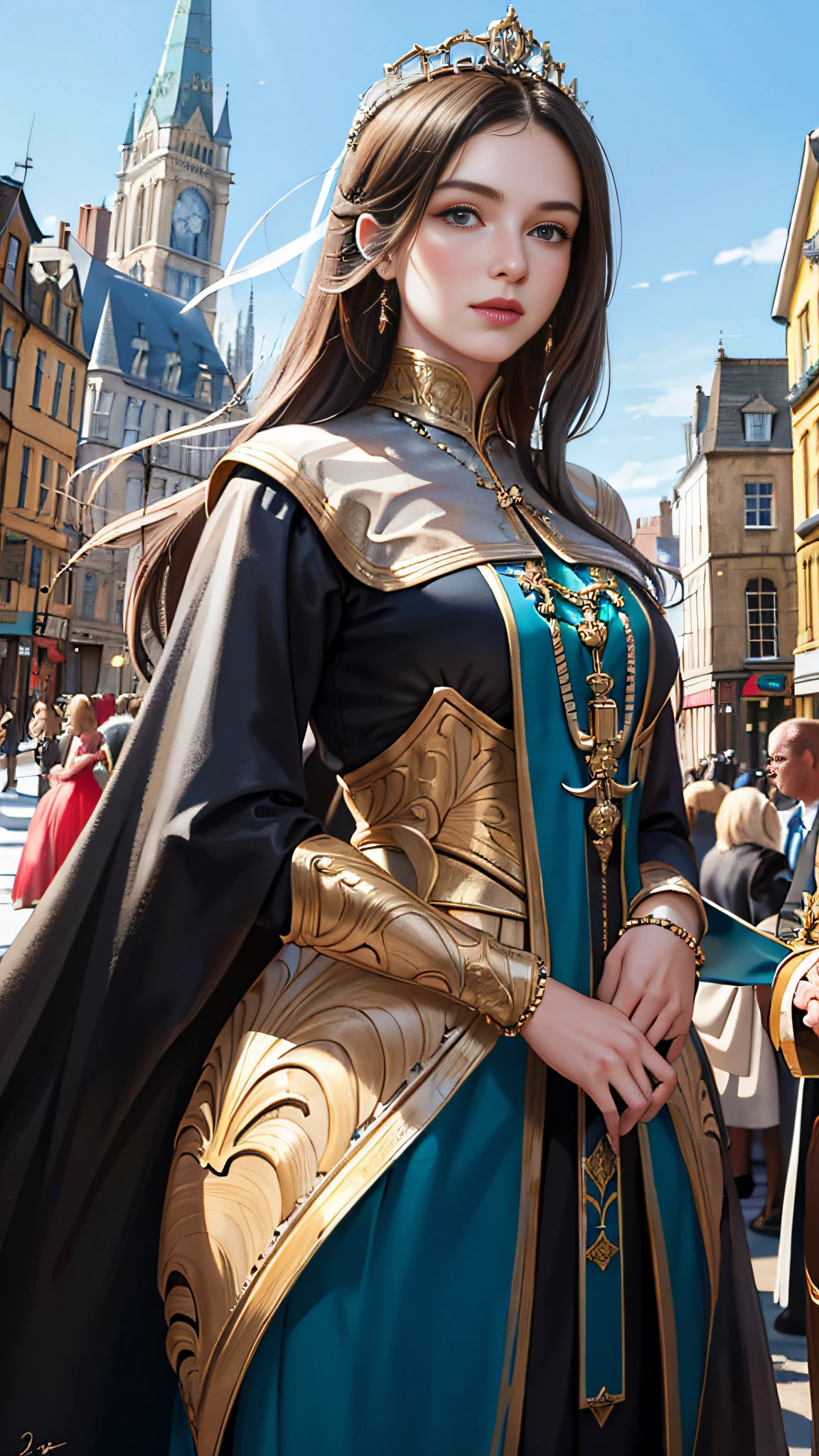 (masterpiece:1.5, best quality:1.5), (hyper realistic:1.5), (photo realistic:1.5), (real picture, intricate details), looking at viewer, (8k wallpaper:1.5) (knee to head): 1.15), (face detail: 1.5), ( Eye detail: 1.5), (sharp photo), high detail, ultra detail, ultra resolution, (strong depth of field: 1.5), (crowd: 1.3) style - fantasy, reality Positioning - Crowded streets of a town or city Background - typical 15th century English town or cityscape with buildings and people Theme - A young queen, about 20 years old, with a solemn and firm appearance View - Frontal or slightly inclined Queen's perspective, surrounded by a large crowd with some important official or bodyguard standing beside him. .Clothing - A long gown with an intricate design, made of luxurious fabric, with a tail behind her. Posture – She walks forward, holding her head high and looking straight ahead, showing confidence and decisiveness.