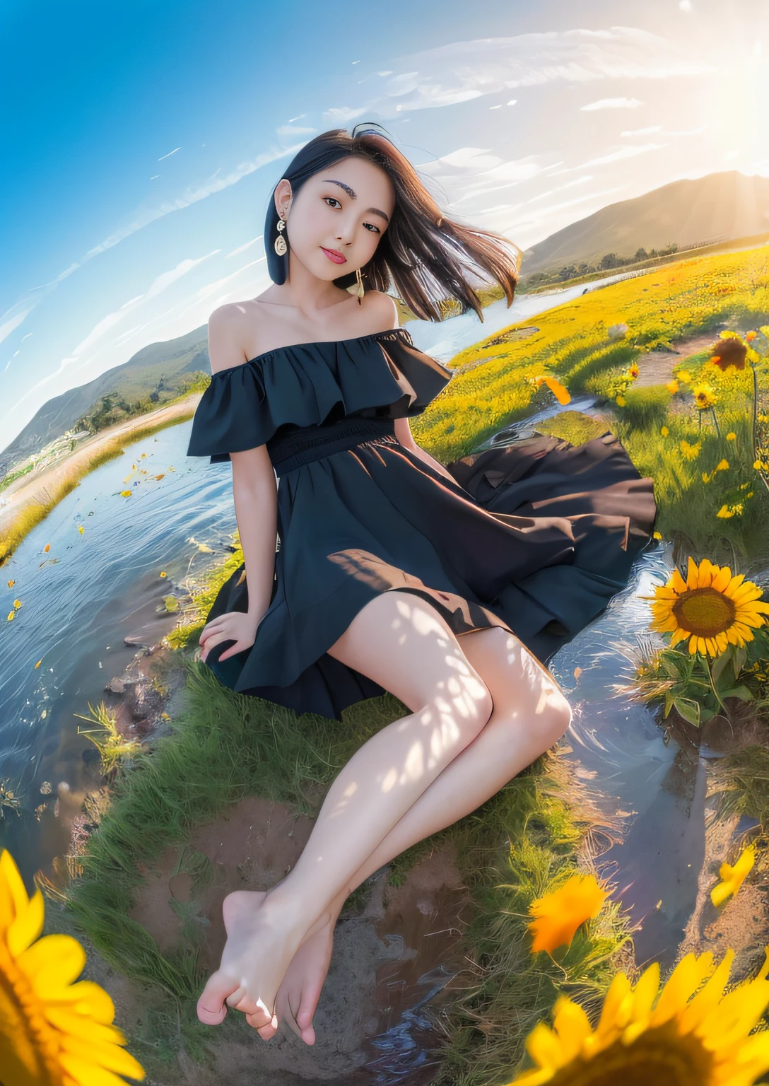 , (8K wallpaper), (face detail depiction), depth of field, (lens flare), floating colored water, floating rain, stream, field, dust, ((breeze), (floating wind), summer, sunset, horizon, (blurred background), seaside road, mountain forest, water, wading, semi-submerged, (bright light: 1.2), (altocumulus: 1.2), birds, butterflies, falling flowers, (close-up: 1.5), (fisheye: 1.2), 1girl, black hair, eyes, delicate beautiful eyes, earrings, (delicate clothes : 1.5), (barefoot: 1.2), short skirt, red skirt, such as group, off-the-shoulder, (Victoria's Secret, miniskirt), (from above: 1.5), dynamic angle, upper body, (half: 1.3), (full body: 1.2), (myopia: 1.8), colorful, (floating color wind), (highest quality), (masterpiece), (detail eye description), (macro shot: 1.25)