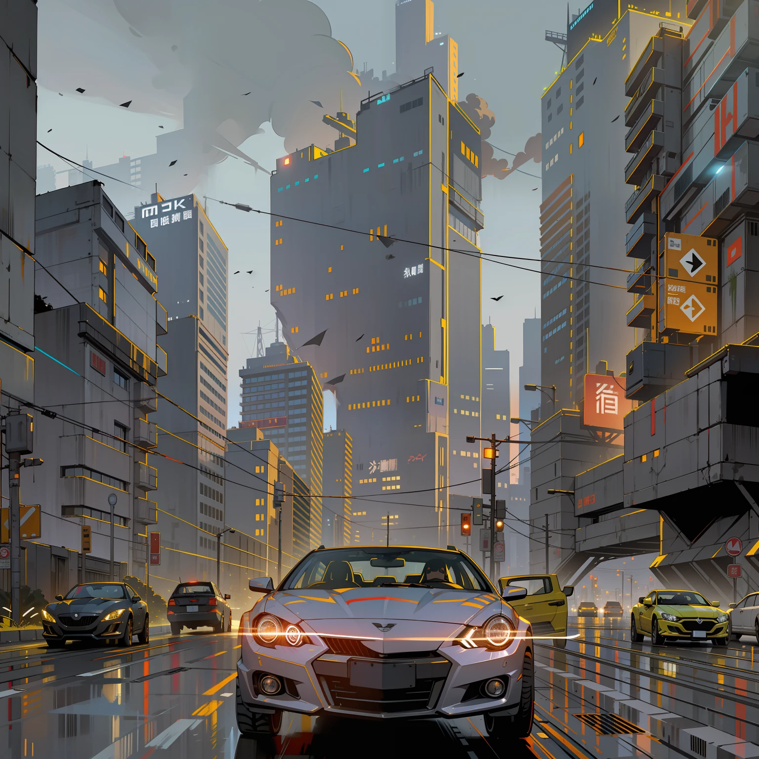 Behind the city background, cyberpunk style, night, strong contrast, no other debris around, car running at high speed on the highway, the environment is night, black sky, a car --auto --s2