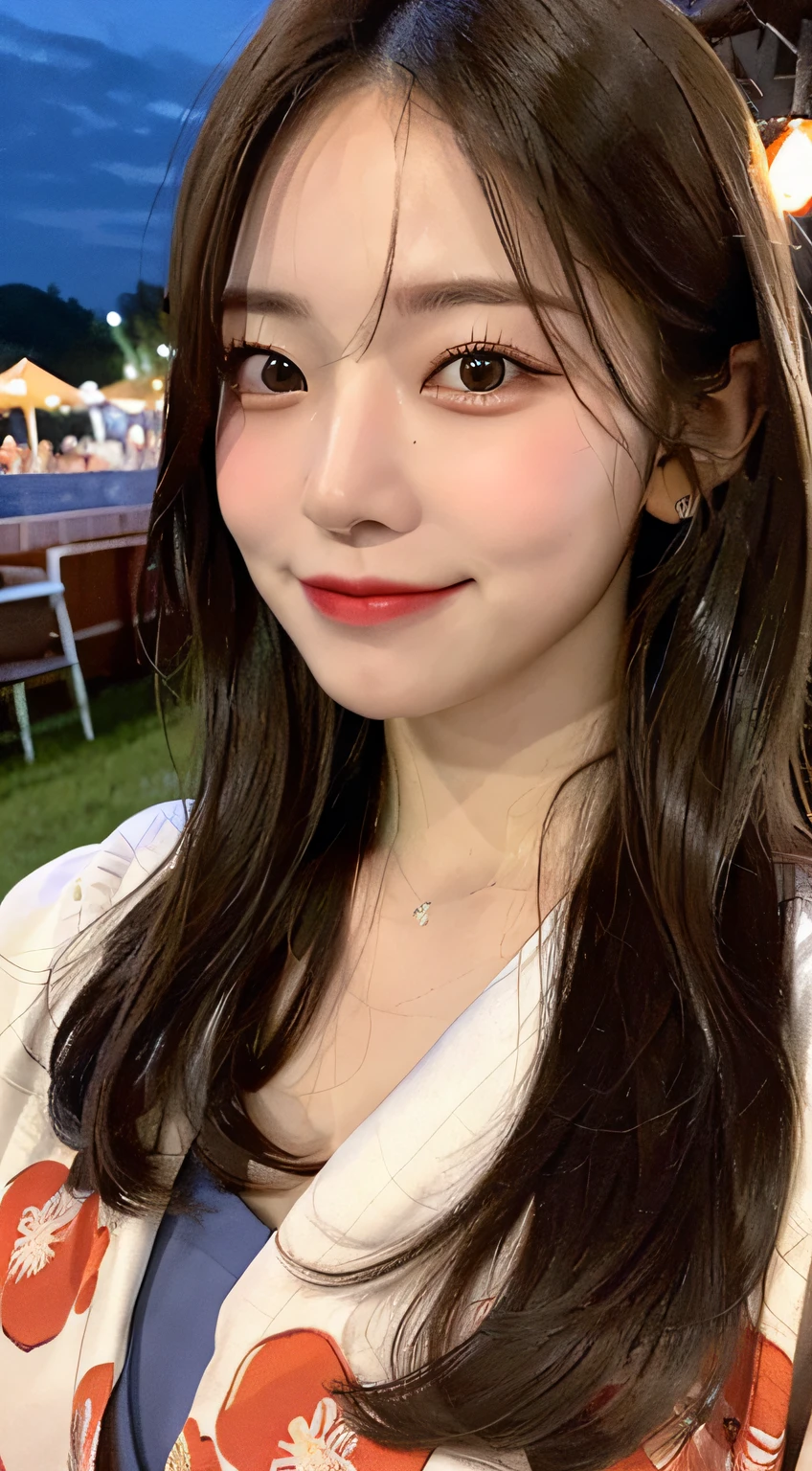 beautiful eyes, realistic eyes,look at camera,smile,(((top quality, 8k, masterpiece))), crisp focus, (beautiful woman with perfect figure), slender, (hairstyle: up)), ((kimono: Kara)), street: 1.2 Highly detailed face and skin texture Detailed eyes Double eyelids random posture, (smile),super cute Japan person,super beauty Japanese girl, realistic face, double eyelid,summer festival , at sunset , beautiful tooth , fire-works back ground.