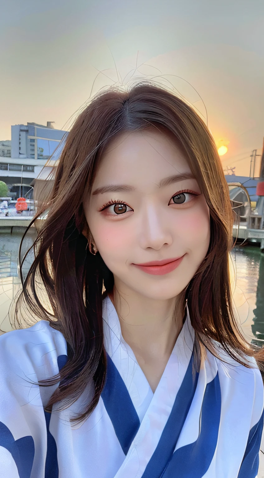 beautiful eyes, realistic eyes,look at camera,smile,(((top quality, 8k, masterpiece))), crisp focus, (beautiful woman with perfect figure), slender, (hairstyle: up)), ((kimono: Kara)), street: 1.2 Highly detailed face and skin texture Detailed eyes Double eyelids random posture, (smile),super cute Japan person,super beauty Japanese girl, realistic face, double eyelid,summer festival , at sunset , beautiful tooth , fire-works back ground.