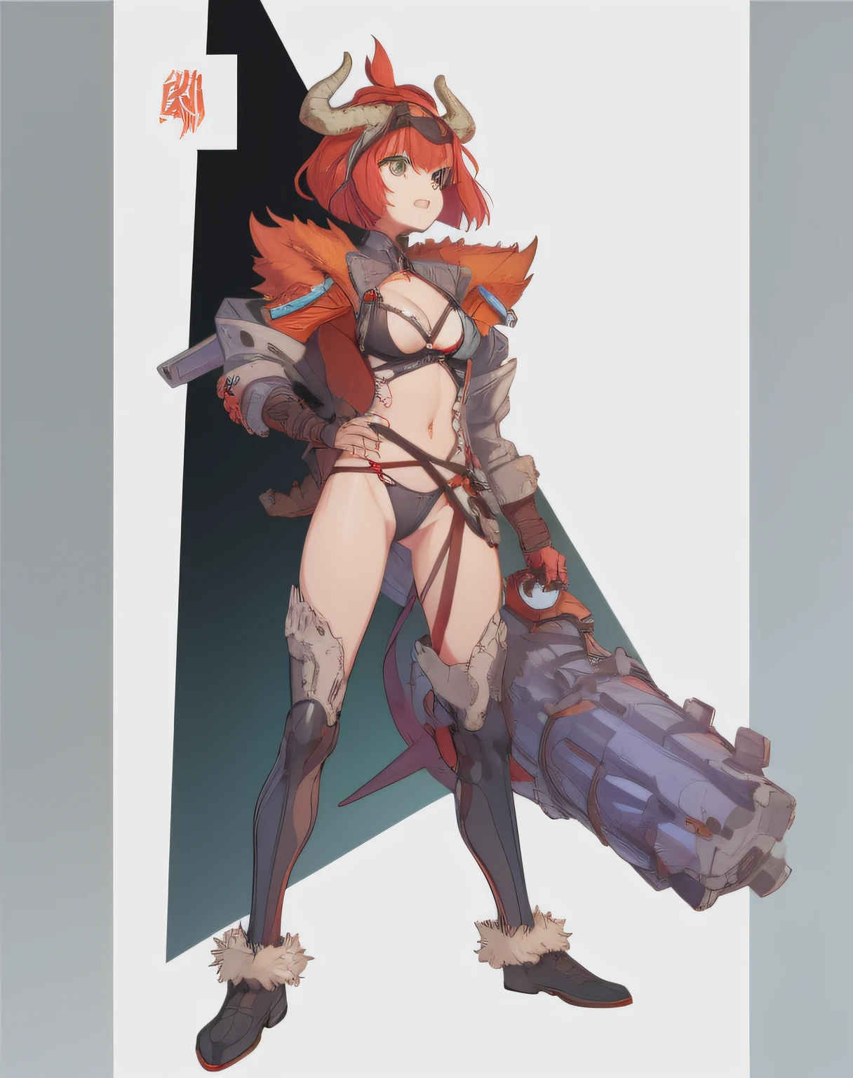 Red-haired girl, green eyes, pigtails, a wreath of horns on her head, a techno barbarian, a huge techno cannon in her hands, a huntress, bones on her body, insect plates, chitin, fur, small bones, light bones and red fur on her shoulders, dark leather stockings made of strips of cut leather on her legs, ropes and light bones on her body, thin panties, a small bra made of bones, bright red hair, Decorations made of horns, fur - a cannon. instead of panties, a rope, instead of a bra, bones and chitin, fur shoulder pads and with chitin, a tail of hair on the back of the head looks up, a short haircut, a high-tech cyberpunk gun, the girl has green eyes, a playful look, a good-natured smile, a neat nose, tight panties, tight thongs, mini underwear, leaky underwear, torn fabrics, a lot of torn fabrics, a lot of holes in fabrics, a gun with a monster's head, The barrel of the cannon in the form of a monster bursts out of its mouth flames. The girl has short hair, the tail is short at the back and looks up, fur shoulder pads, a jacket on the shoulders, a torn bra, the pubis is open, diagonal straps all over the body, powerful energy breaks out of the open barrel of the cannon, on the stomach there is a bird's skull, on the edges of the stockings there are vertebrae