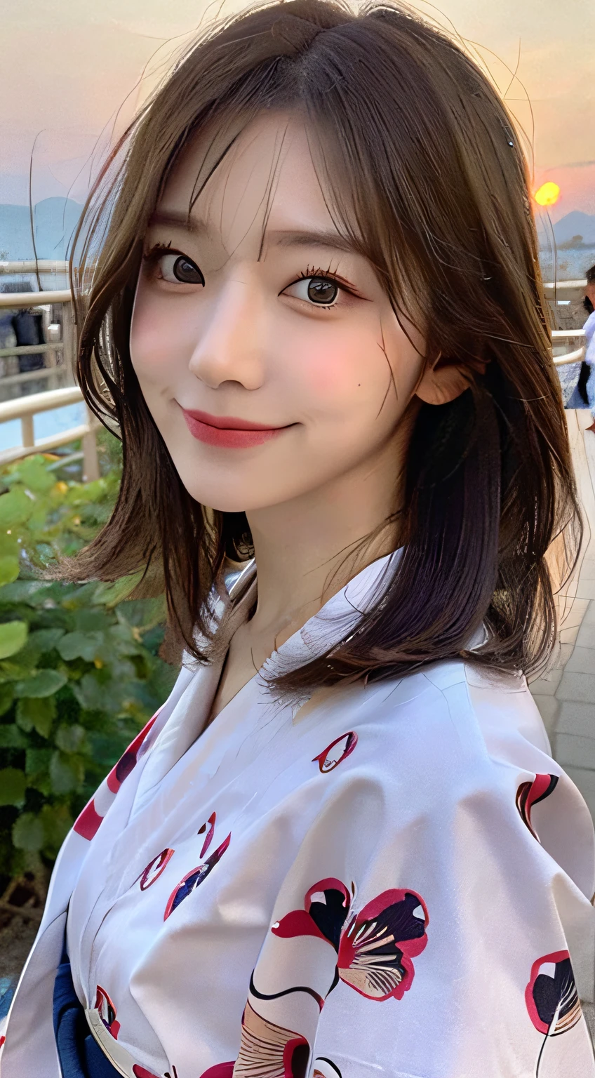 beautiful eyes, realistic eyes,look at camera,smile,(((top quality, 8k, masterpiece))), crisp focus, (beautiful woman with perfect figure), slender, (hairstyle: up)), ((kimono: Kara)), street: 1.2 Highly detailed face and skin texture Detailed eyes Double eyelids random posture, (smile),super cute Japan person,super beauty Japanese girl, realistic face, double eyelid,summer festival , at sunset , beautiful tooth , fire-works back ground.