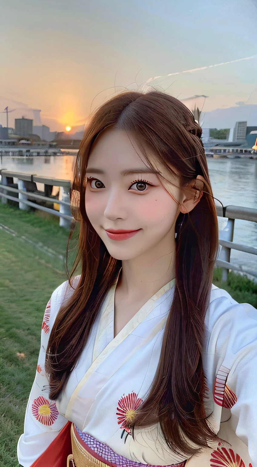 beautiful eyes, realistic eyes,look at camera,smile,(((top quality, 8k, masterpiece))), crisp focus, (beautiful woman with perfect figure), slender, (hairstyle: up)), ((kimono: Kara)), street: 1.2 Highly detailed face and skin texture Detailed eyes Double eyelids random posture, (smile),super cute Japan person,super beauty Japanese girl, realistic face, double eyelid,summer festival , at sunset , beautiful tooth , fire-works back ground.