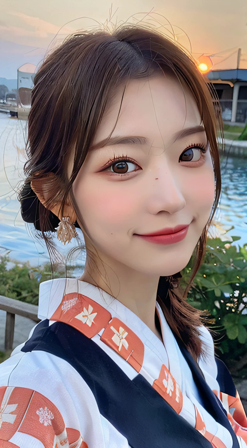 beautiful eyes, realistic eyes,look at camera,smile,(((top quality, 8k, masterpiece))), crisp focus, (beautiful woman with perfect figure), slender, (hairstyle: up)), ((kimono: Kara)), street: 1.2 Highly detailed face and skin texture Detailed eyes Double eyelids random posture, (smile),super cute Japan person,super beauty Japanese girl, realistic face, double eyelid,summer festival , at sunset , beautiful tooth , fire-works back ground.