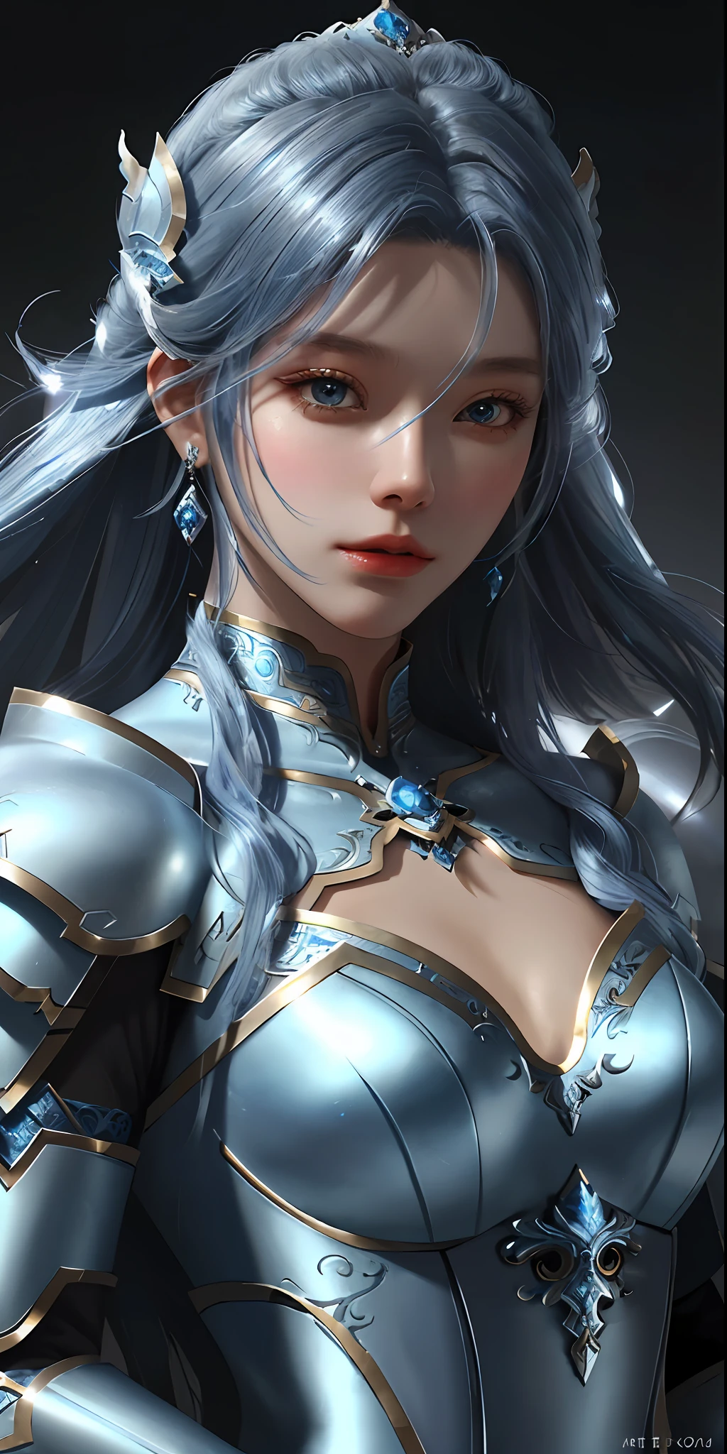 a close up of a woman in a silver and blue dress, chengwei pan on artstation, by Yang J, detailed fantasy art, stunning character art, fanart best artstation, epic exquisite character art, beautiful armor, extremely detailed artgerm, detailed digital anime art, artgerm on artstation pixiv, armor girl
