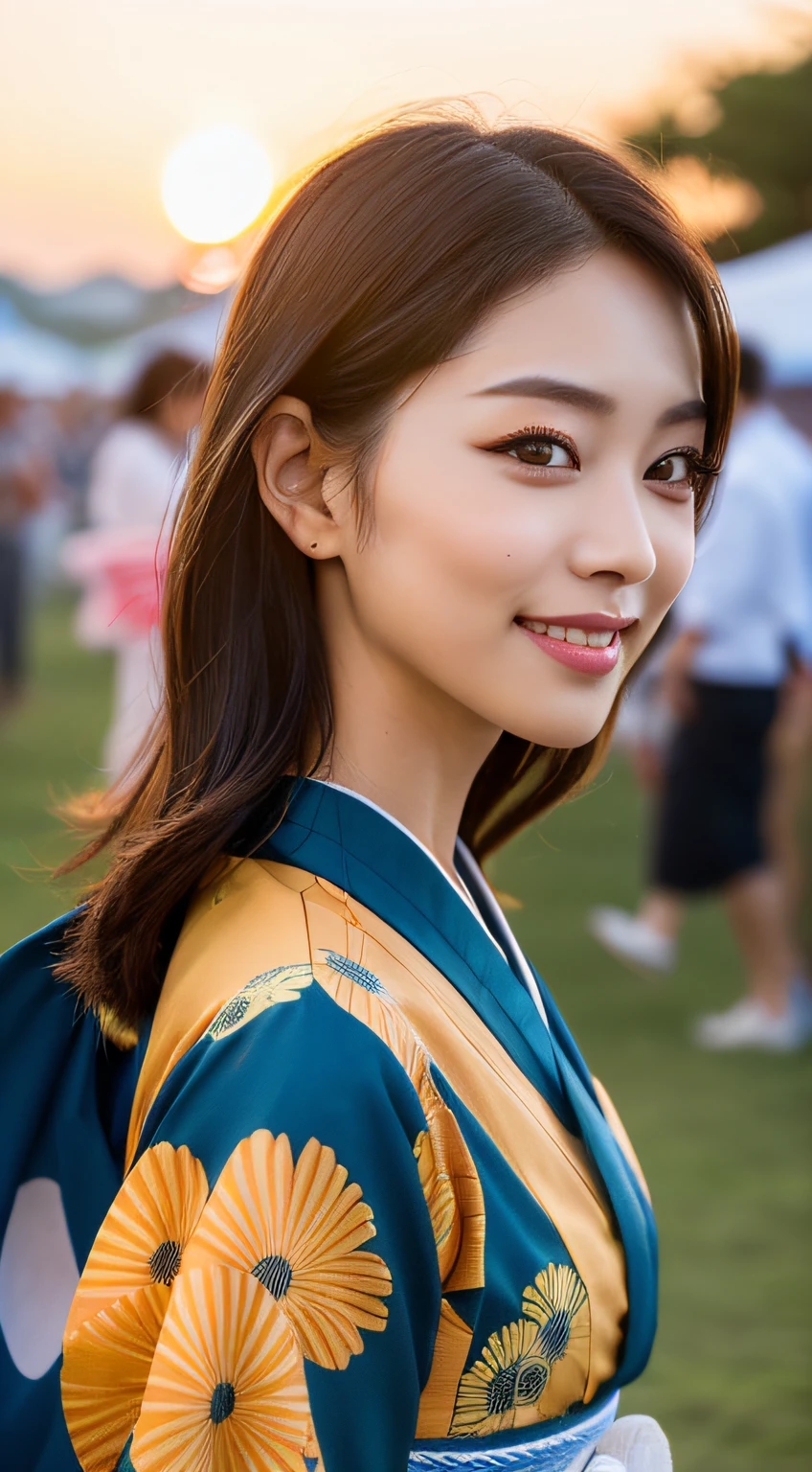 beautiful eyes, realistic eyes,look at camera,smile,(((top quality, 8k, masterpiece))), crisp focus, (beautiful woman with perfect figure), slender, (hairstyle: up)), ((kimono: Kara)), street: 1.2 Highly detailed face and skin texture Detailed eyes Double eyelids random posture, (smile),super cute Japan person,super beauty Japanese girl, realistic face, double eyelid,summer festival , at sunset , beautiful tooth , fire-works back ground.