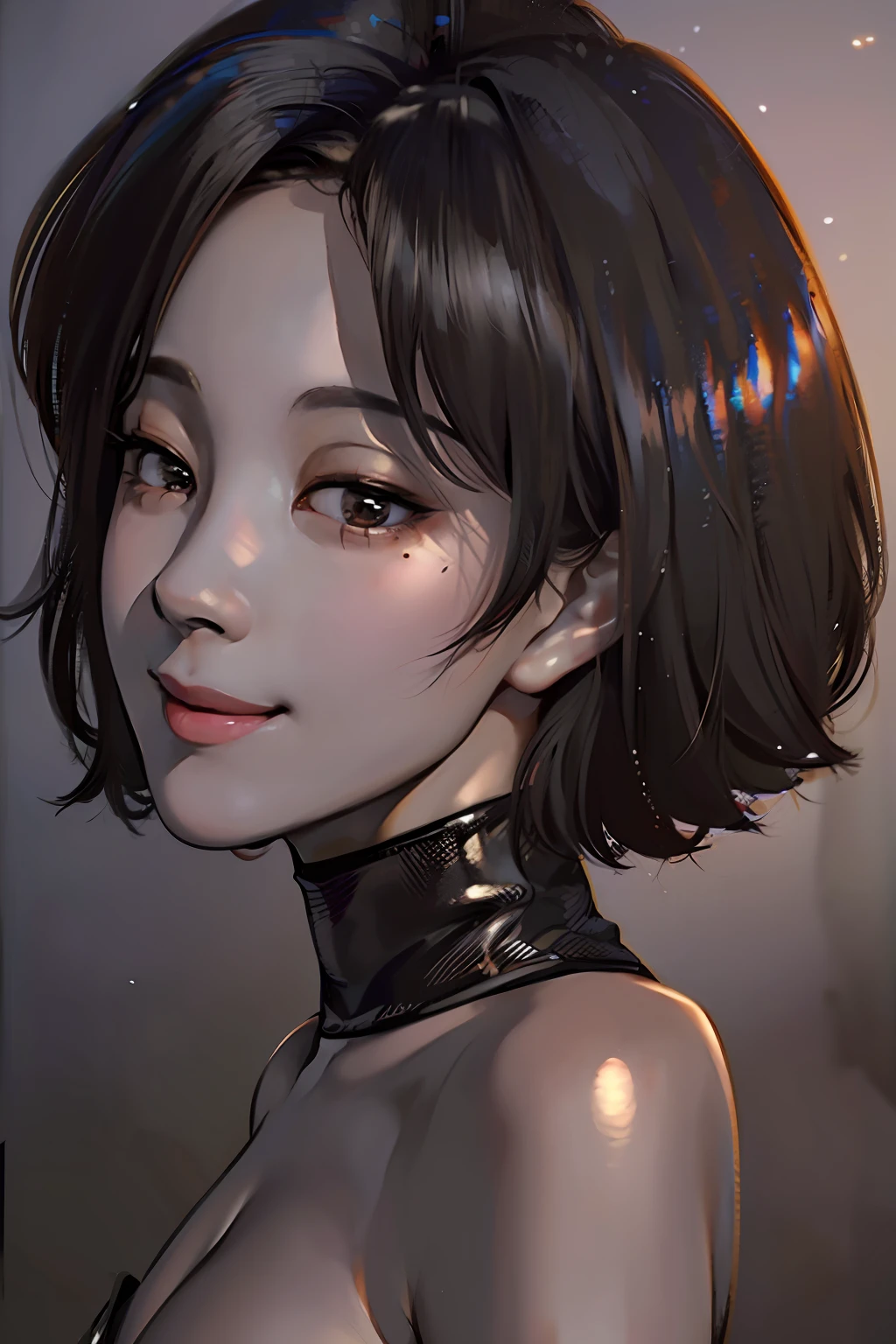 best quality, (short black curly hair: 1.4), ultra high res, (photorealistic:1.3), 1girl, warm tone cinema light, PureErosFace_V1, (full body:1.5), (one person in the photo:1.3), (alone:1.3), (innie, (fully nude:1.2), (seductive smile:1.5), (breasts showing:1.3), (small:1.5), (cute:1.5), (round breasts:1.5), (standing: 2), thin, thin waist, (black panties hose:  1.1), (close up: 1.5), (back view: 1.5), ass