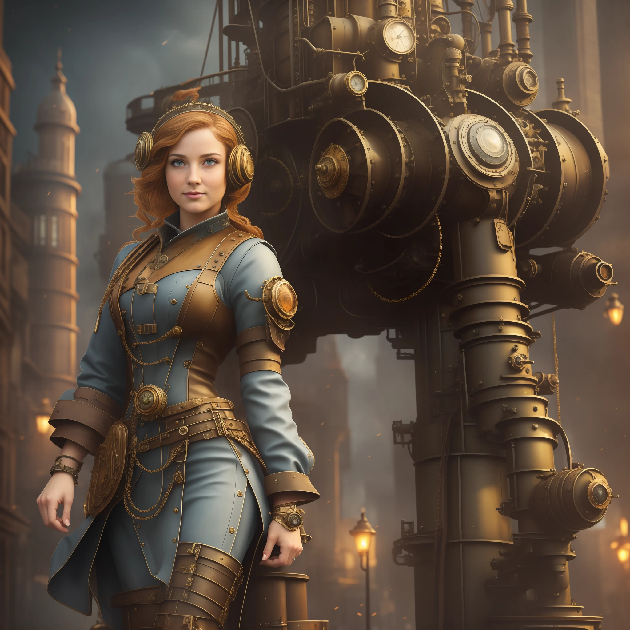 Street photography style image. A snapshot of a steampunk cityscape. Epic automobiles with steam engines on the street. Steam engine powered flying vehicles in the sky. A smiley beautiful 19-years-old caucasian girl in light gray steampunk costume walking down the street. very intricate steampunk accessary on the costume, perfect detailed face, detailed symmetric green eyes with circular iris, wavy ginger hair, wearing enormous mechanical wings in her back, overall theme is street photography in Industrial Steampunk City, cogs and gears, steamy background with lots of steam pipes and steam valves and pressure gauges and gears, realistic, stunning realistic photograph, 3d render, octane render, intricately detailed, cinematic, Isometric, Centered, hyperealistic cover photo, awesome full color, 12k, high definition, cinematic, portrait featured on unsplash, smooth, ultra high definition, 8k, ultra sharp focus, intricate artwork, masterpiece, ominous, epic, highly detailed, warm cinematic lighting, high contrast lighting, hyper photorealism, DSLR, Canon 5D, 8k resolution,