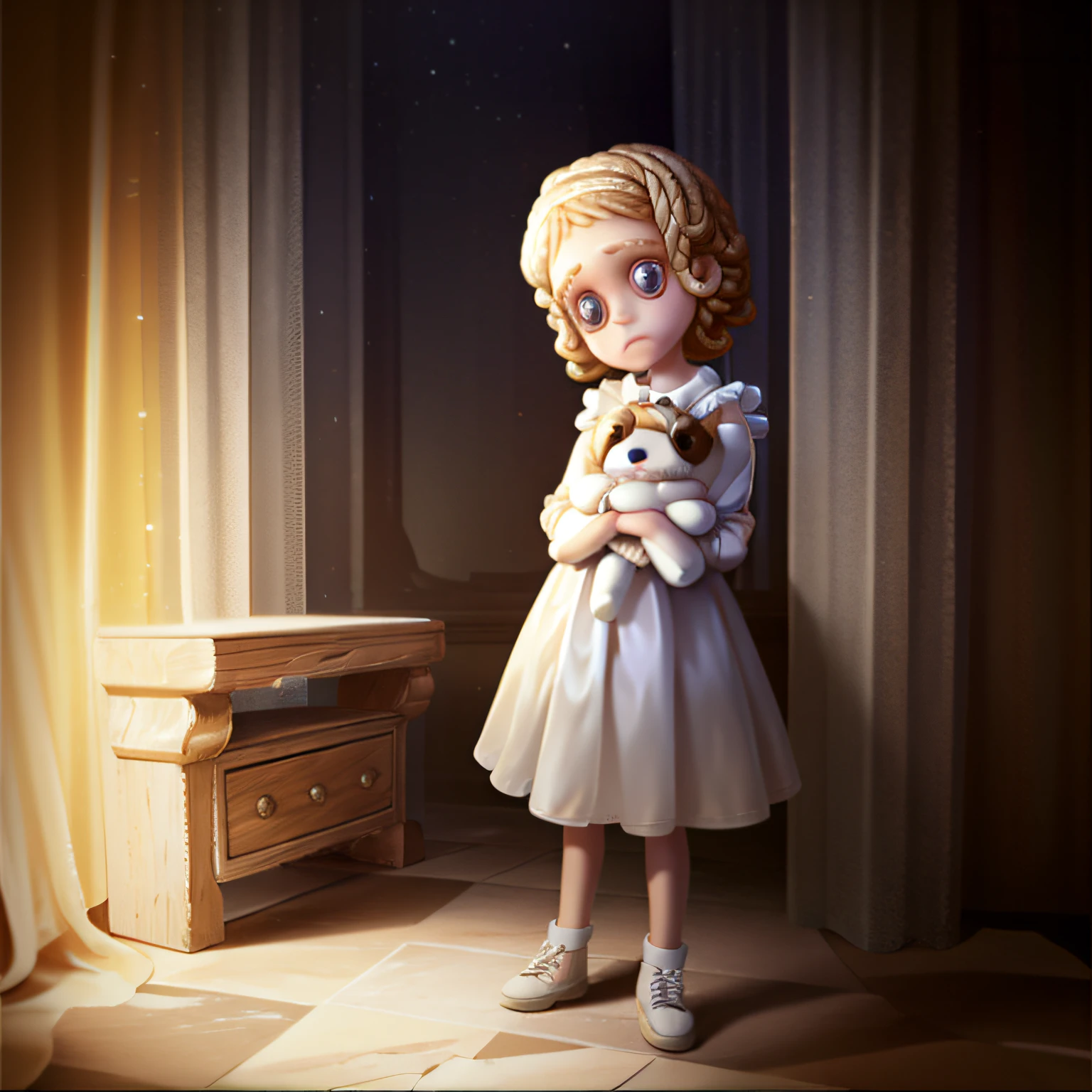 masterpiece, high quality, , white dress, holding stuffed animal, blonde, facing forward, looking at camera, full body, center of screen
