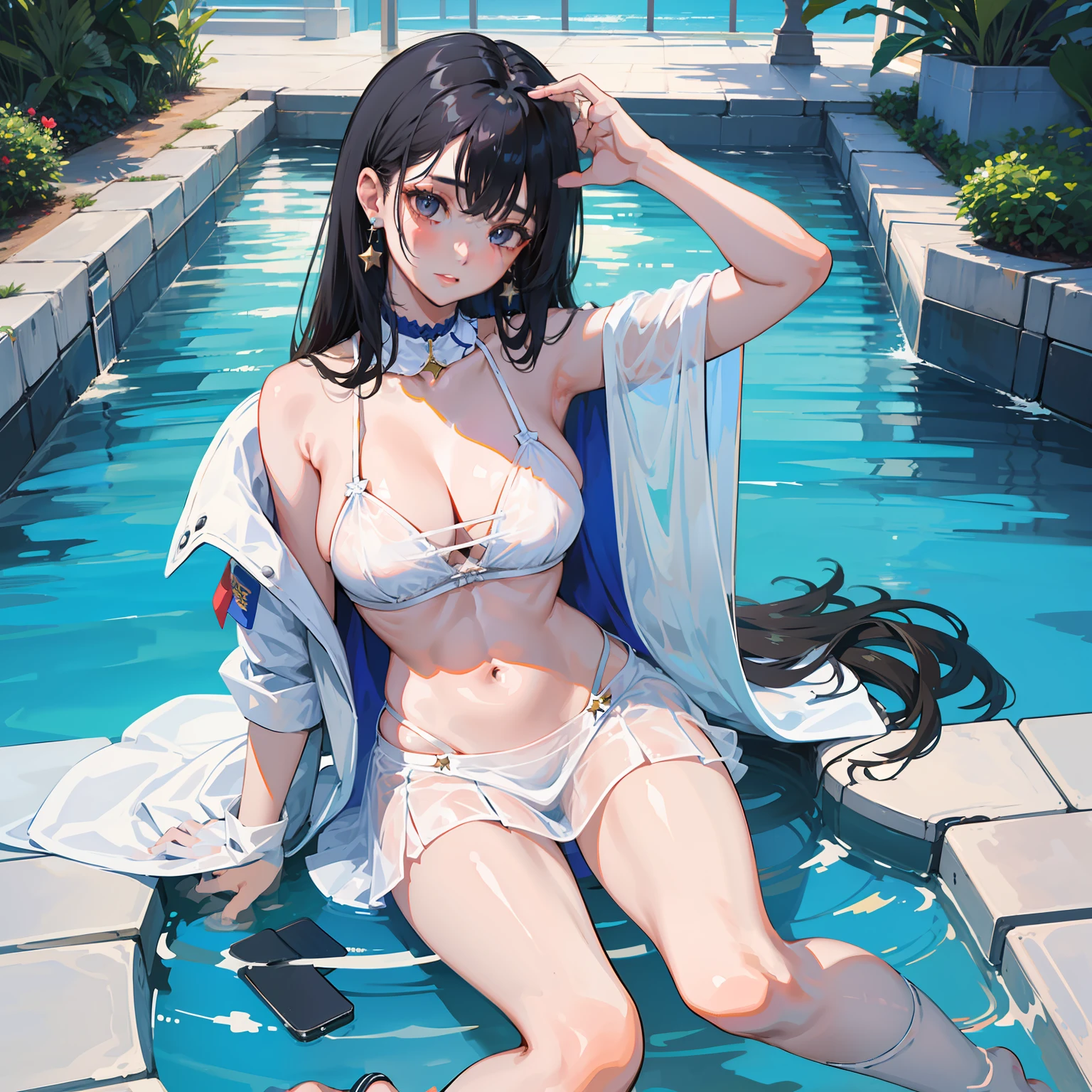 8K, DSDL, Pool, 25 years old, Gravure Idol, Black Hair, Star Earrings, Big, Cleavage, Sheer White Bra, Sheer White Mini Skirt, Ecchi, Full Body