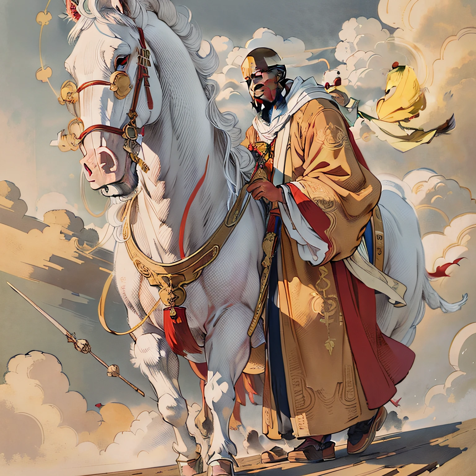 A monkey stepping on a cloud, dressed in yellow cloth and holding a red wooden stick
