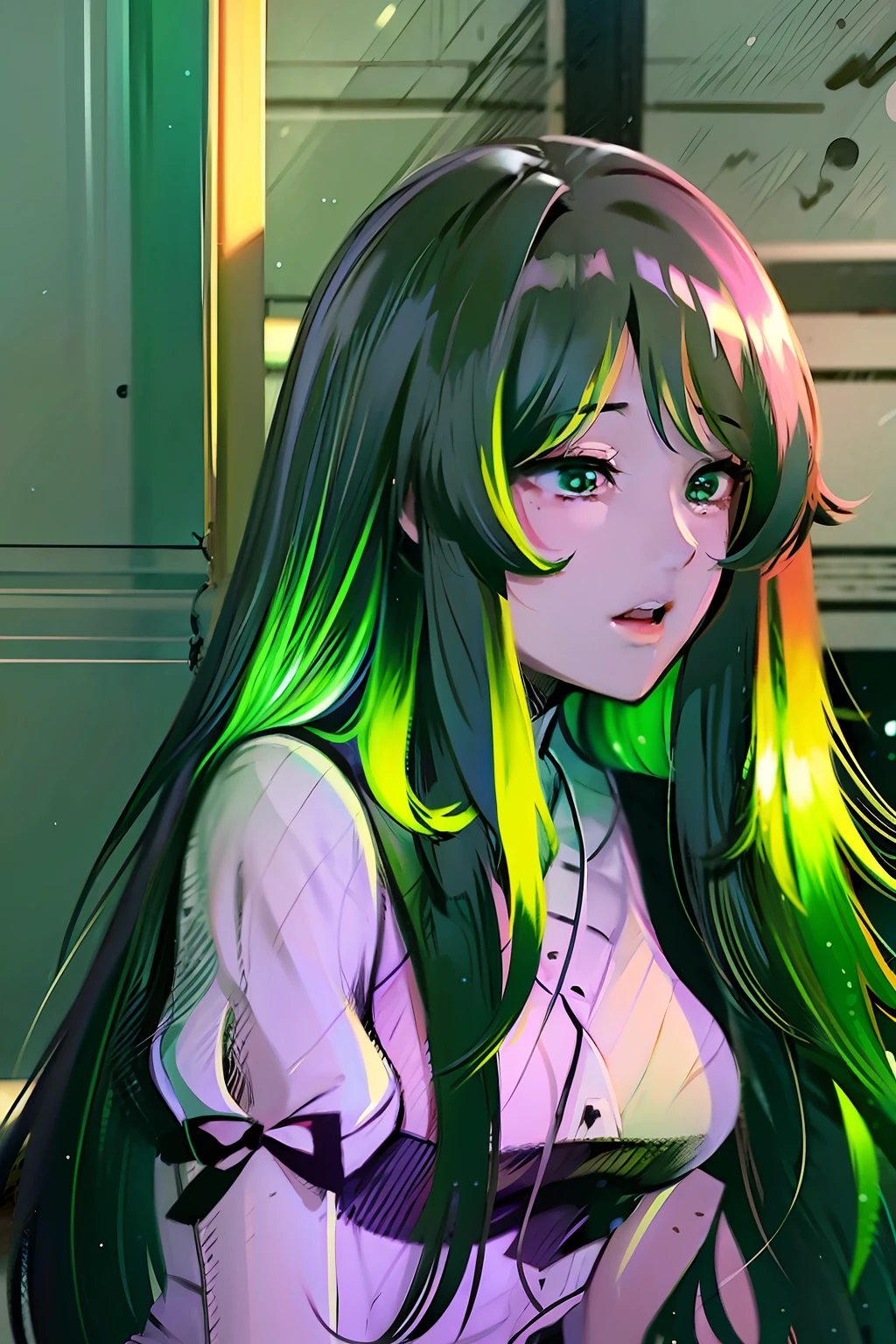 long hair beautiful girl anime hair flouresente green color