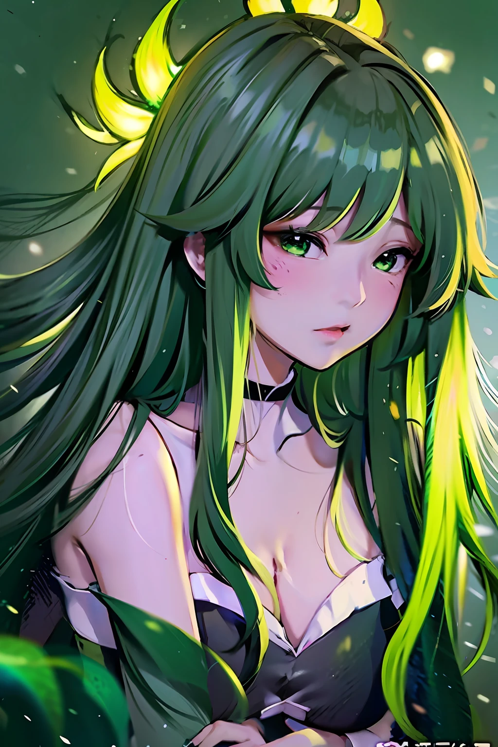long hair beautiful girl anime hair flouresente green color