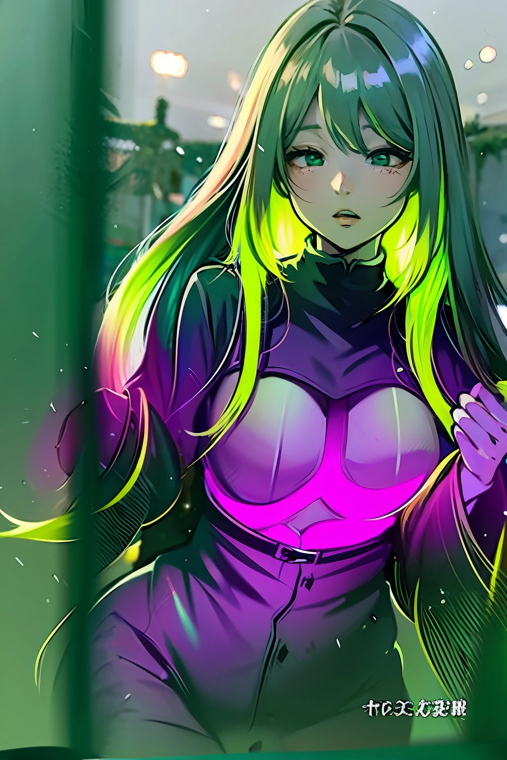long hair beautiful girl anime hair flouresente green color