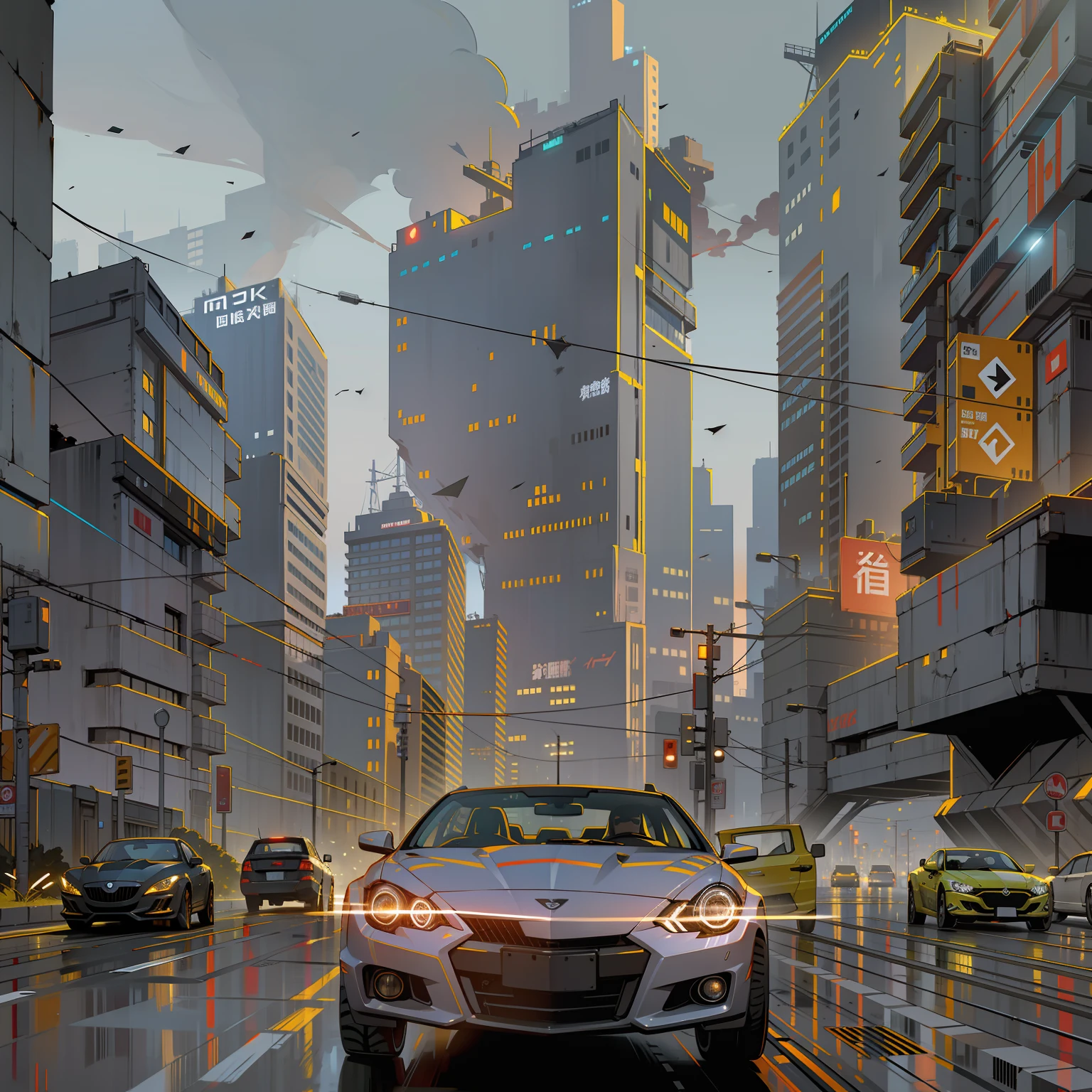 Behind the city background, cyberpunk style, night, strong contrast, no other debris around, car running at high speed on the highway, the environment is night, black sky, a car --auto --s2