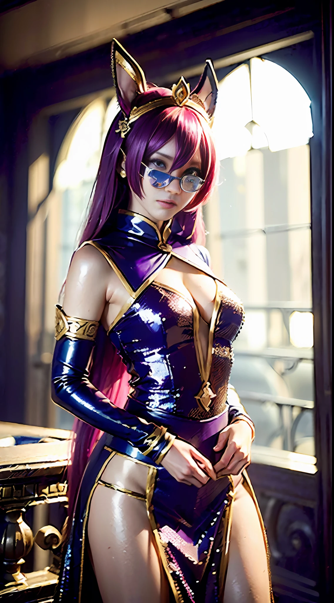 (cosplay:1.3, Honor of Kings:1.3, Daji:1.5), Super textured skin, Fashion colorful sequin womenswear: 1.2, Unique personality, Shiny femininity, Atmospheric shooting, Interior soft light: 0.9, trendy style, colored lighting, Dynamic lenses: 1.1