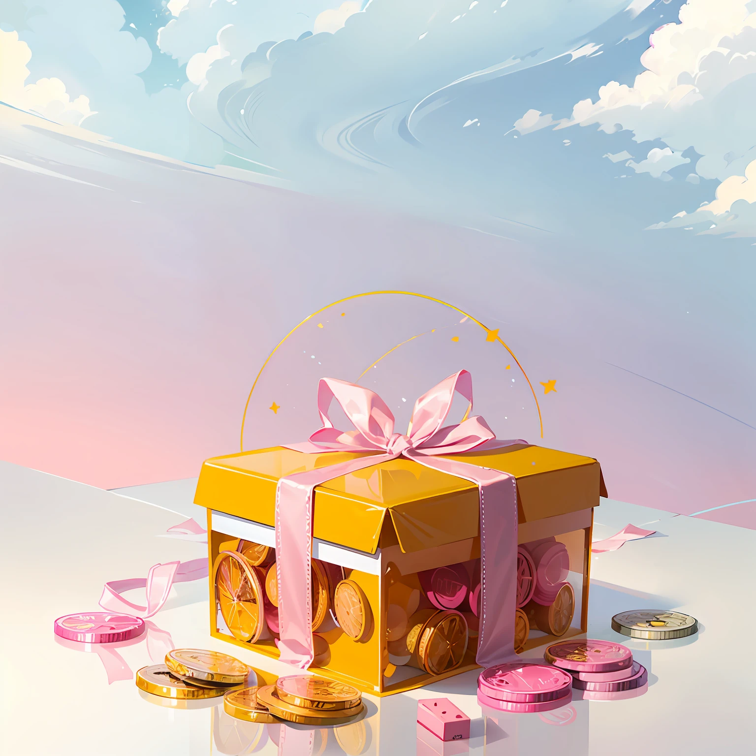 Gradient pink gift box, yellow coin