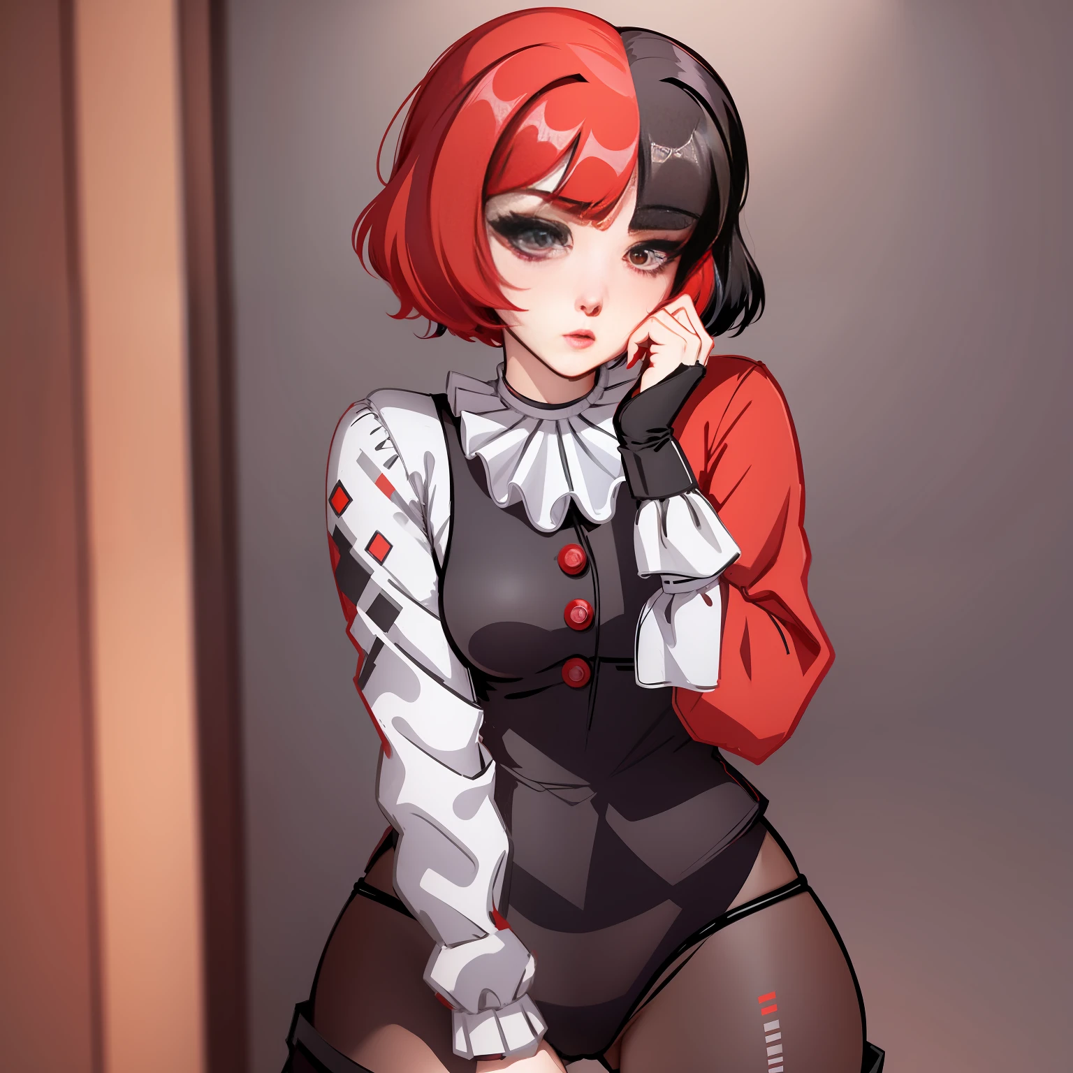 red hair, black hair, multicolored hair, short hair, ace in hand, ????????????????? posing, stockings, detailing, crotches, best character quality, dog pose, panties, embarrassed look, love, skirt, best eye quality