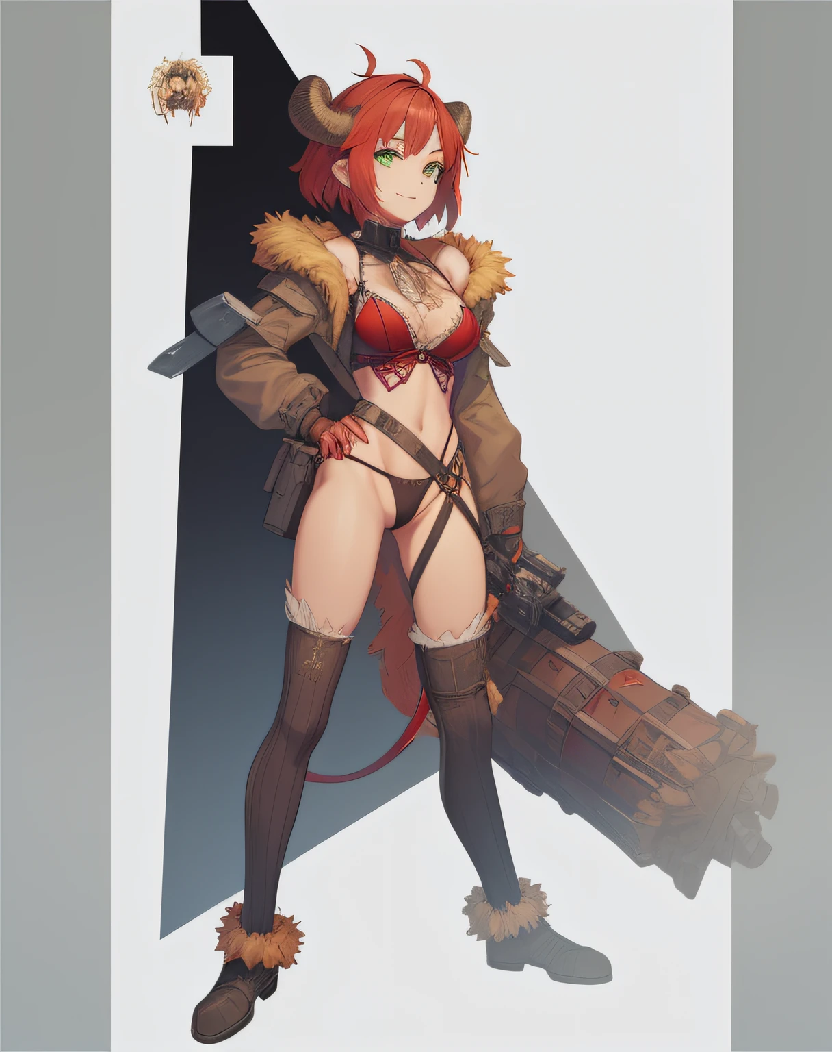 Red-haired girl, green eyes, pigtails, a wreath of horns on her head, a techno barbarian, a huge techno cannon in her hands, a huntress, bones on her body, insect plates, chitin, fur, small bones, light bones and red fur on her shoulders, dark leather stockings made of strips of cut leather on her legs, ropes and light bones on her body, thin panties, a small bra made of bones, bright red hair,  Decorations made of horns, fur - a cannon. instead of panties, a rope, instead of a bra, bones and chitin, fur shoulder pads and with chitin, a tail of hair on the back of the head looks up, a short haircut, a high-tech cyberpunk gun, the girl has green eyes, a playful look, a good-natured smile, a neat nose, tight panties, tight thongs, mini underwear, leaky underwear, torn fabrics, a lot of torn fabrics, a lot of holes in fabrics, a gun with a monster's head,  The barrel of the cannon in the form of a monster bursts out of its mouth flames. The girl has short hair, the tail is short at the back and looks up, fur shoulder pads, a jacket on the shoulders, a torn bra, the pubis is open, diagonal straps all over the body, powerful energy breaks out of the open barrel of the cannon, on the stomach there is a bird's skull, on the edges of the stockings there are vertebrae