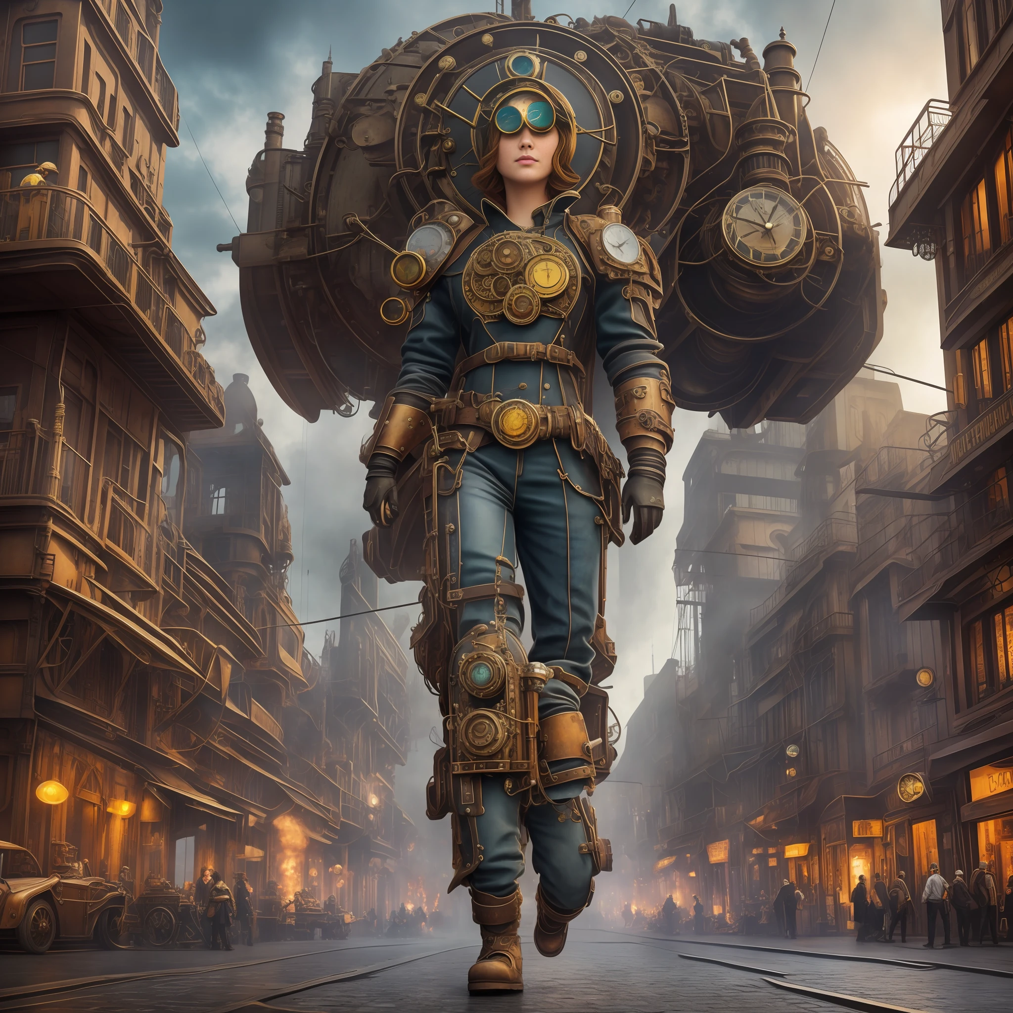 Street photography style image. A snapshot of a steampunk cityscape. Epic automobiles with steam engines on the street. Steam engine powered flying vehicles in the sky. A smiley beautiful 19-years-old caucasian girl in light gray steampunk costume walking down the street. very intricate steampunk accessary on the costume, perfect detailed face, detailed symmetric green eyes with circular iris, wavy ginger hair, wearing enormous mechanical wings in her back, overall theme is street photography in Industrial Steampunk City, cogs and gears, steamy background with lots of steam pipes and steam valves and pressure gauges and gears, realistic, stunning realistic photograph, 3d render, octane render, intricately detailed, cinematic, Isometric, Centered, hyperealistic cover photo, awesome full color, 12k, high definition, cinematic, portrait featured on unsplash, smooth, ultra high definition, 8k, ultra sharp focus, intricate artwork, masterpiece, ominous, epic, highly detailed, warm cinematic lighting, high contrast lighting, hyper photorealism, DSLR, Canon 5D, 8k resolution,