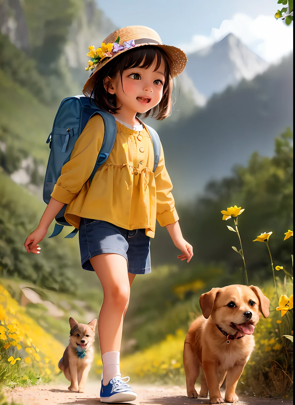 An incredibly charming carrying a backpack, accompanied by her adorable puppy, enjoying a lovely spring outing surrounded by beautiful yellow flowers and natural scenery. The illustration is in high definition at 4k resolution, with highly-detailed facial features and pop art colors-style visuals, (Butterfly Dance)