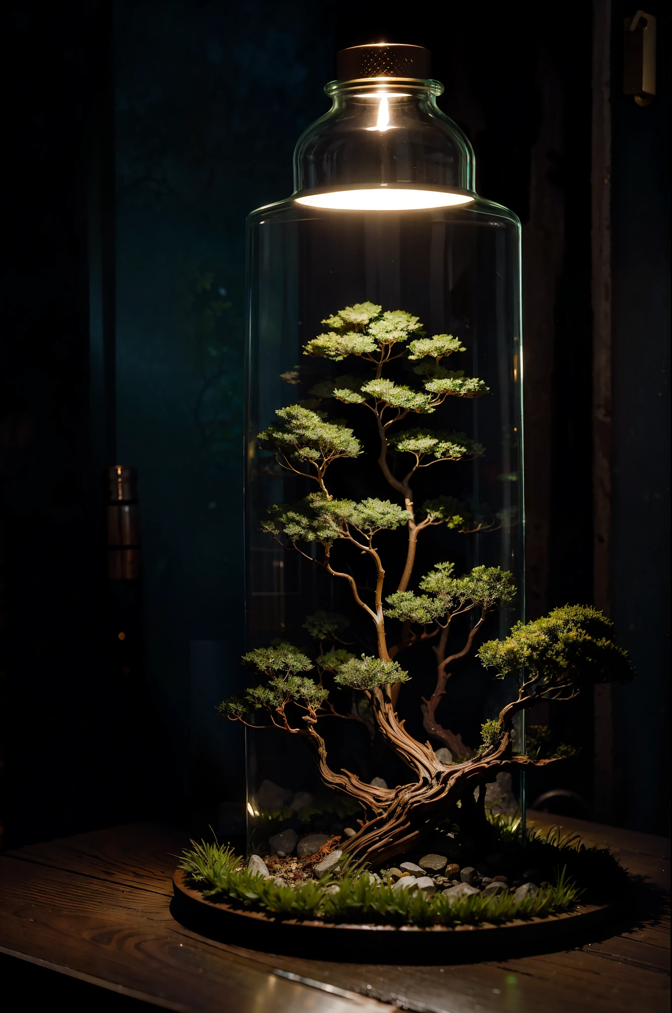 (An intricate forest minitown landscape trapped in a bottle), atmospheric oliva lighting, on the table, 4k UHD, dark vibes, hyper detailed, vibrant colours, epic composition, octane render, sharp focus, high resolution isometric