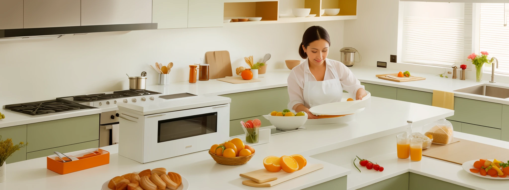 There is a woman standing in the kitchen preparing food, incomparable quality, orange cabinet, in modern times, designed for comfortable aesthetics!