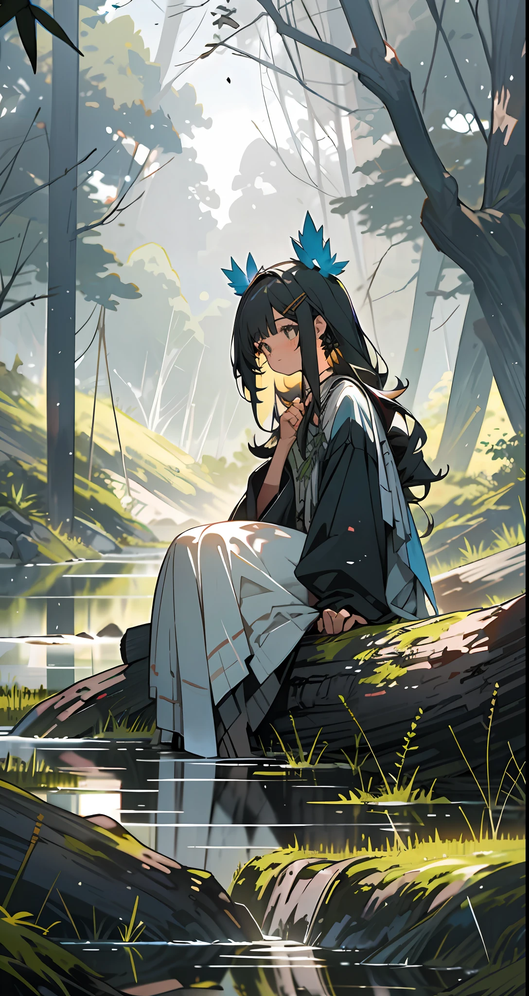 1girl, bare_tree, black_hair, branch, bush, day, earrings, forest, grass, hair_ornament, hairclip, log, long_hair, nature, outdoors, plant, pond, river, rock, scenery, sitting, soaking_feet, solo, sunlight, tree, water