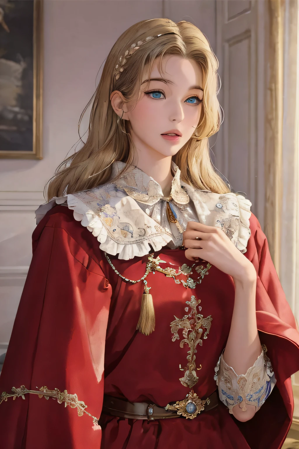 (masterpiece:1.2, best quality), realistic, (real picture, intricate details, depth of field), Best quality, masterpiece, highly detailed, semi realistic, 1 girl, mature female, 21 years old, with short golden hair, left eye covered by hair, blue eyes, king's clothing, red cloak, slim figure