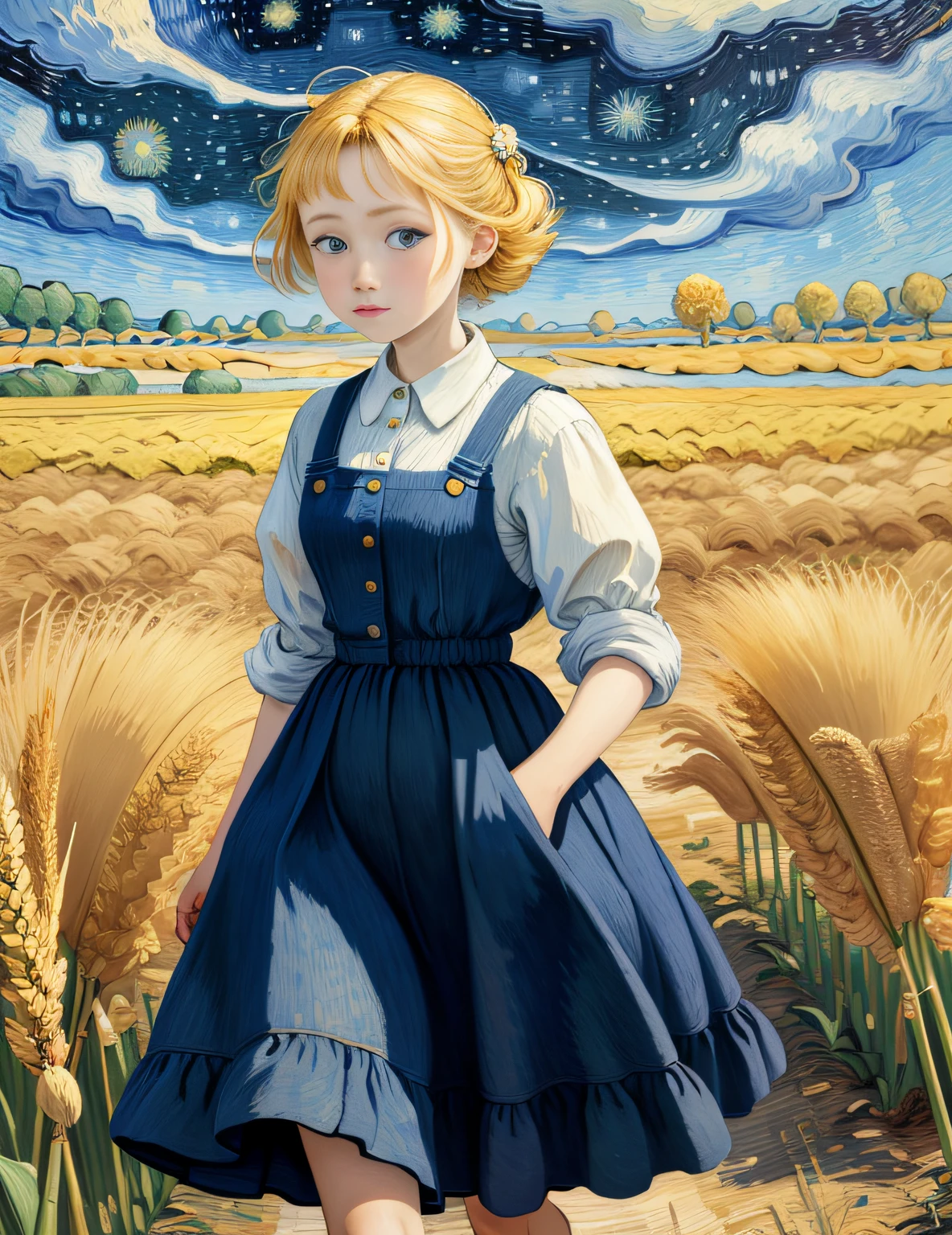 Painting of a girl walking in a wheat field, Van Gogh style, Van Gogh art style, Van Gogh style, James R. Eades inspired by Van Gogh, Van Gogh style inspired by Vincent di Destiny, inspired by Vincent van Gogh, inspired by Vincent Pepp, Vincent van Gogh style, Van Gogh starry night style, rich color, deep blue sky