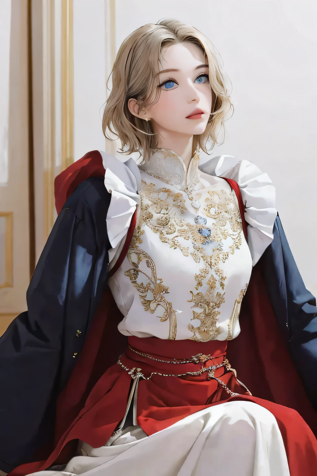 (masterpiece:1.2, best quality), realistic, (real picture, intricate details, depth of field), Best quality, masterpiece, highly detailed, semi realistic, 1 girl, mature female, 21 years old, with short golden hair, left eye covered by hair, blue eyes, king's clothing, red cloak, slim figure