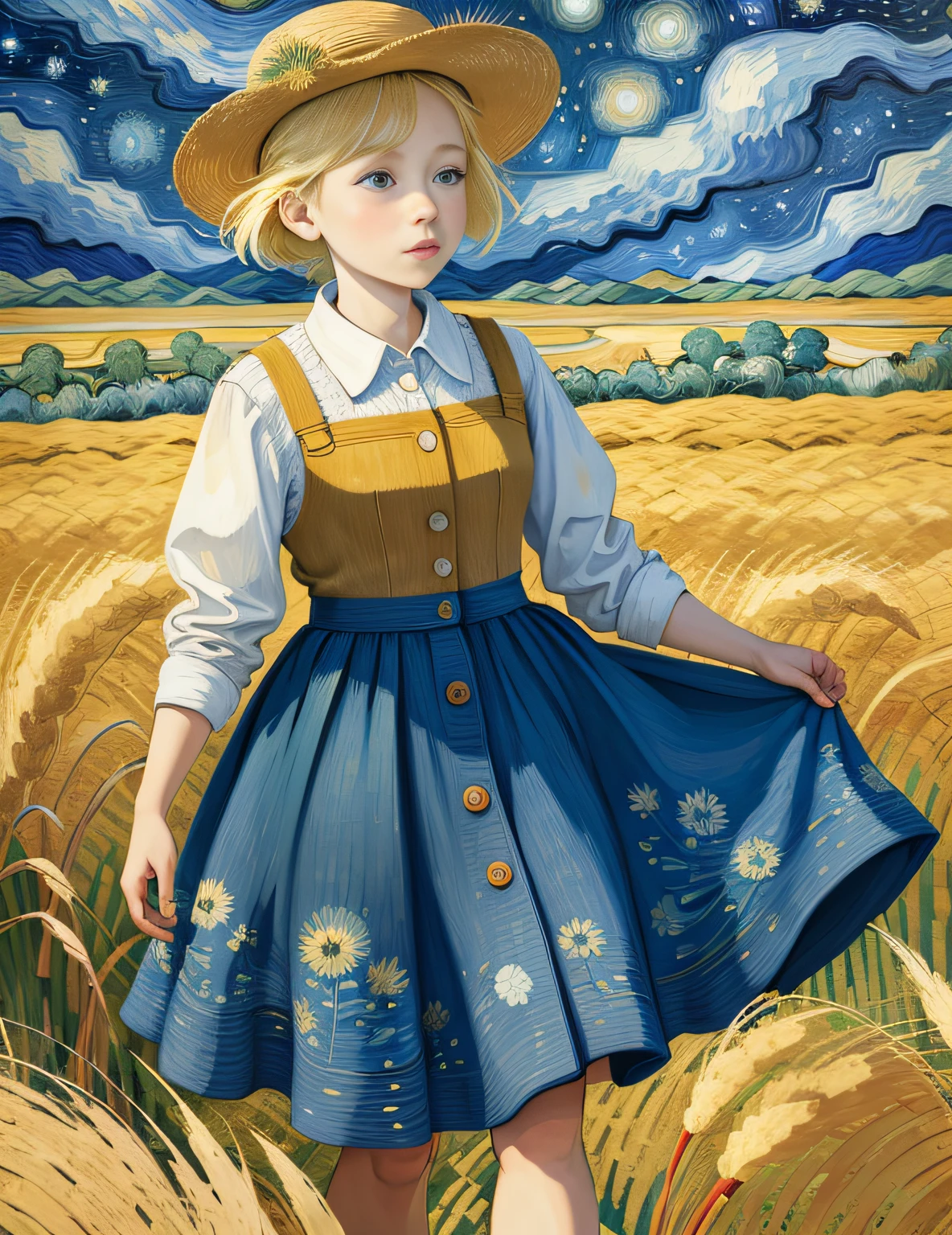 Painting of a girl walking in a wheat field, Van Gogh style, Van Gogh art style, Van Gogh style, James R. Eades inspired by Van Gogh, Van Gogh style inspired by Vincent di Destiny, inspired by Vincent van Gogh, inspired by Vincent Pepp, Vincent van Gogh style, Van Gogh starry night style, rich color, deep blue sky