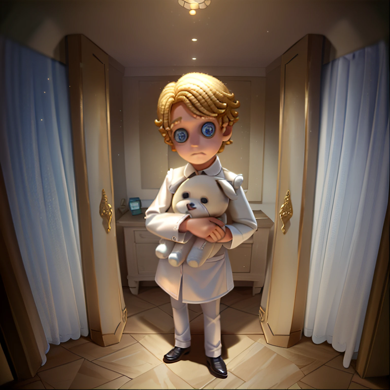 masterpiece, high quality, little boy, white clothes, holding stuffed animal, blonde, facing forward, looking at camera, full body, center of screen