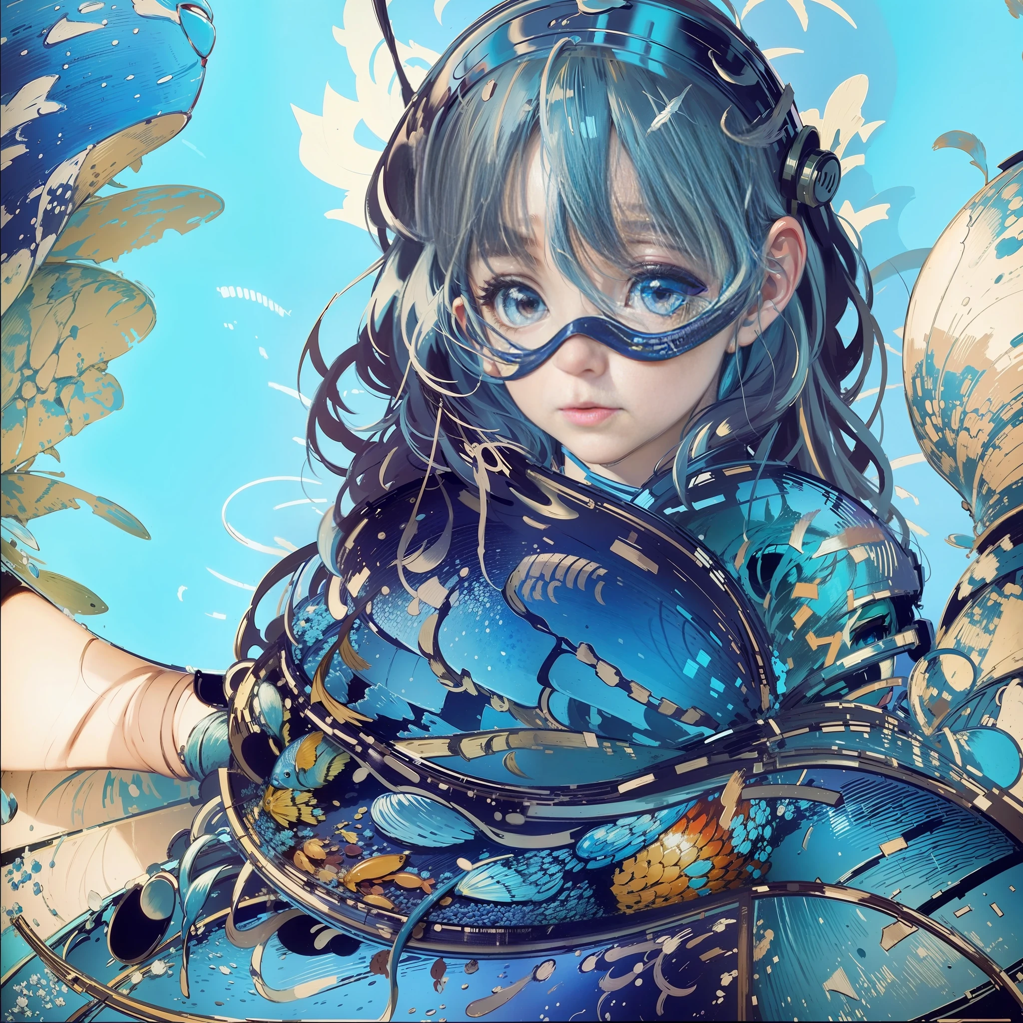 Anime surrounded by fish, head portrait close-up, oil painting style, very obvious oil painting strokes, impressionist palette style, 32k uhd, beautiful, booru, cyan, old time, color cartoon